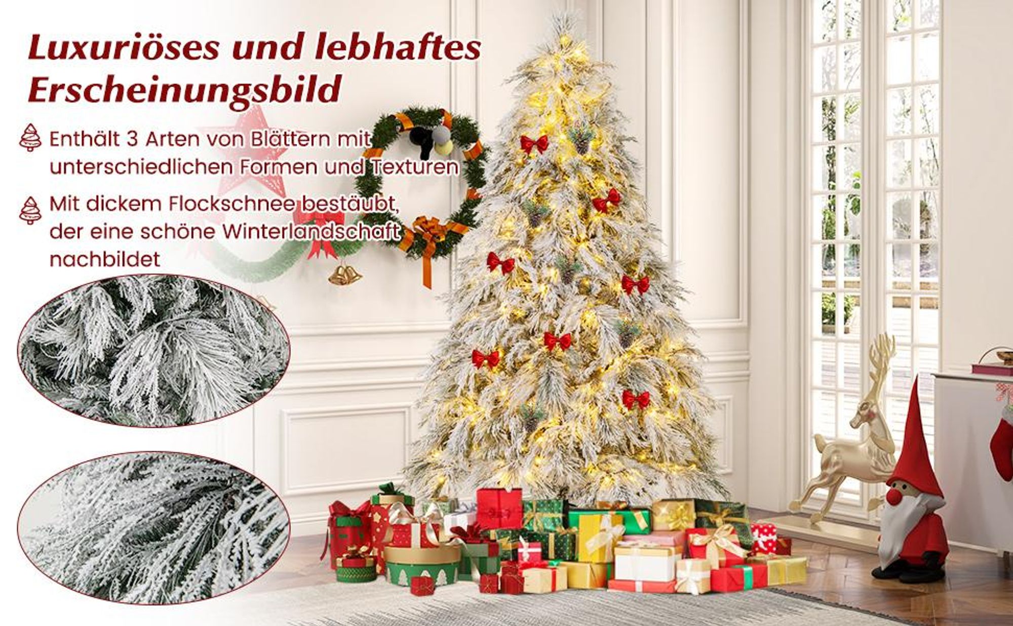 COSTWAY Künstlicher Weihnachtsbaum mit Schnee, Tannenbaum mit warmweißen LED-Lichtern & 519 Zweigspitzen, Christbaum mit Metallständer, Festbaum Kunstbaum für Festdekoration Indoor Outdoor (180cm)