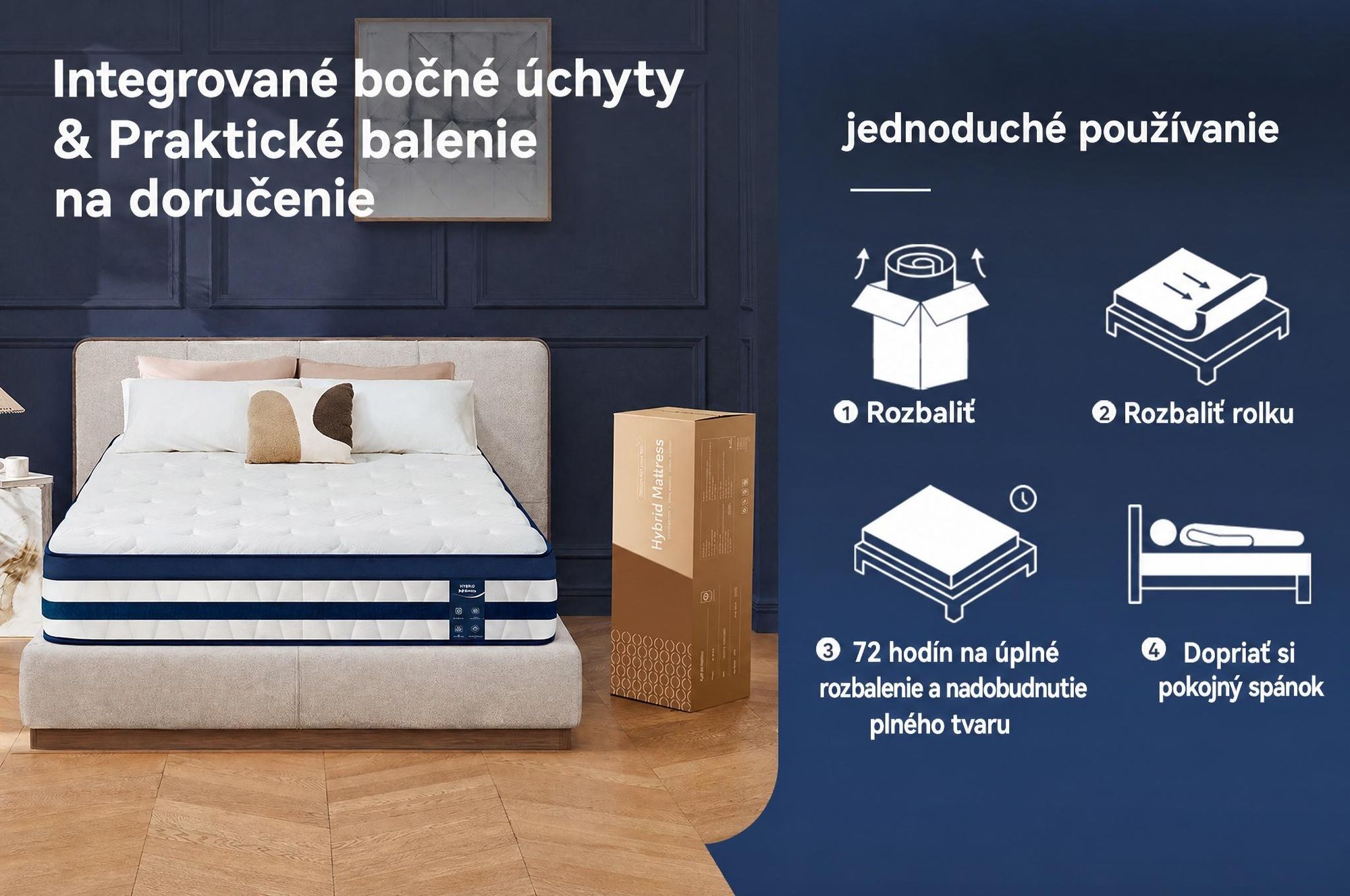 Matrac 90x200 cm, výška 26 cm, s integrovaným topperom, 7-zónový kapsičkový pružinový matrac, tvrdosť H3/H4.