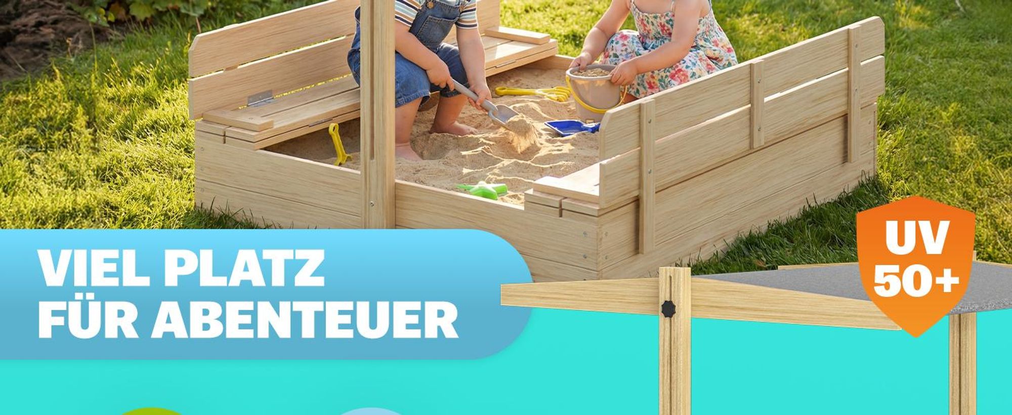 SPIELWERK® Sandkasten Toni Sonnendach Sitzbank 120x120x120cm Naturholz Fichtenholz UV-Schutz Sandbox UV50+ Kantenschutz Bodenvlies Outdoor Kinder