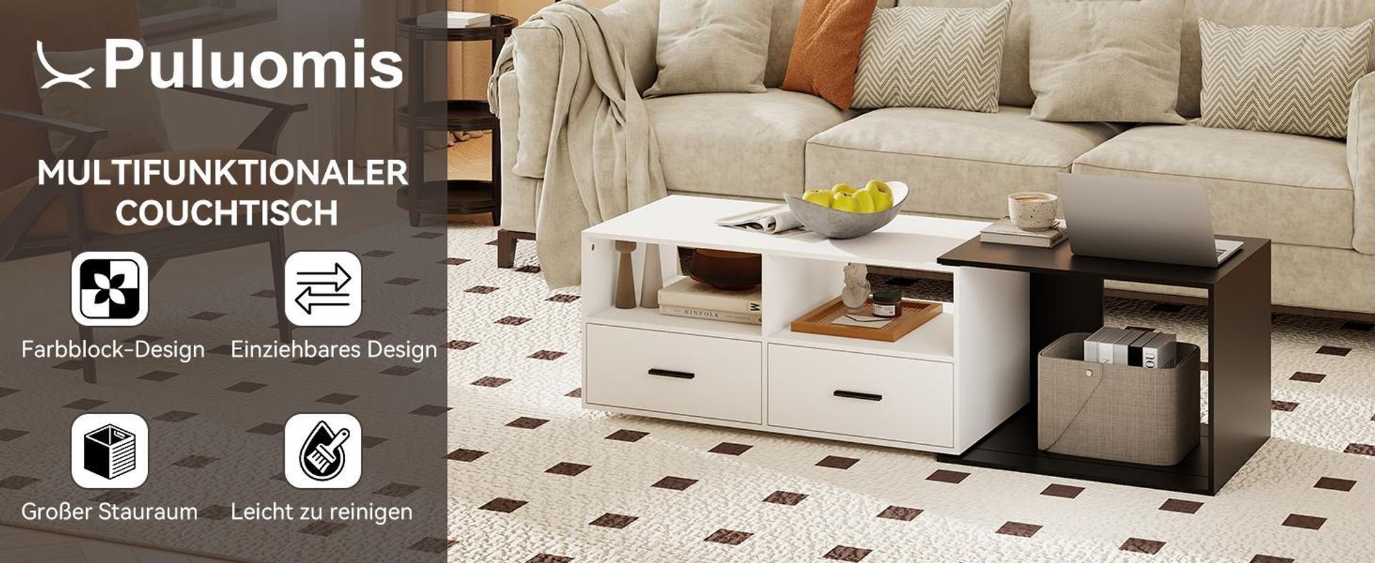 Puluomis Ausziehbarer Couchtisch mit Schublade, Kaffeetisch mit Farbblock Design und Rollen Schreibtisch Sofatisch für Wohnzimmer schwarz weiß