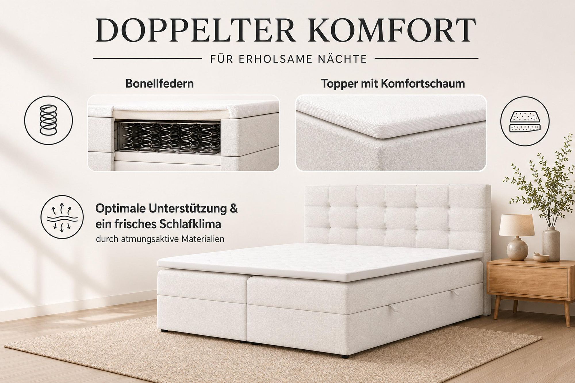 VENASI Boxspringbett 160x200 mit Bettkasten, Jessa Doppelbett Grau Velourstoff
