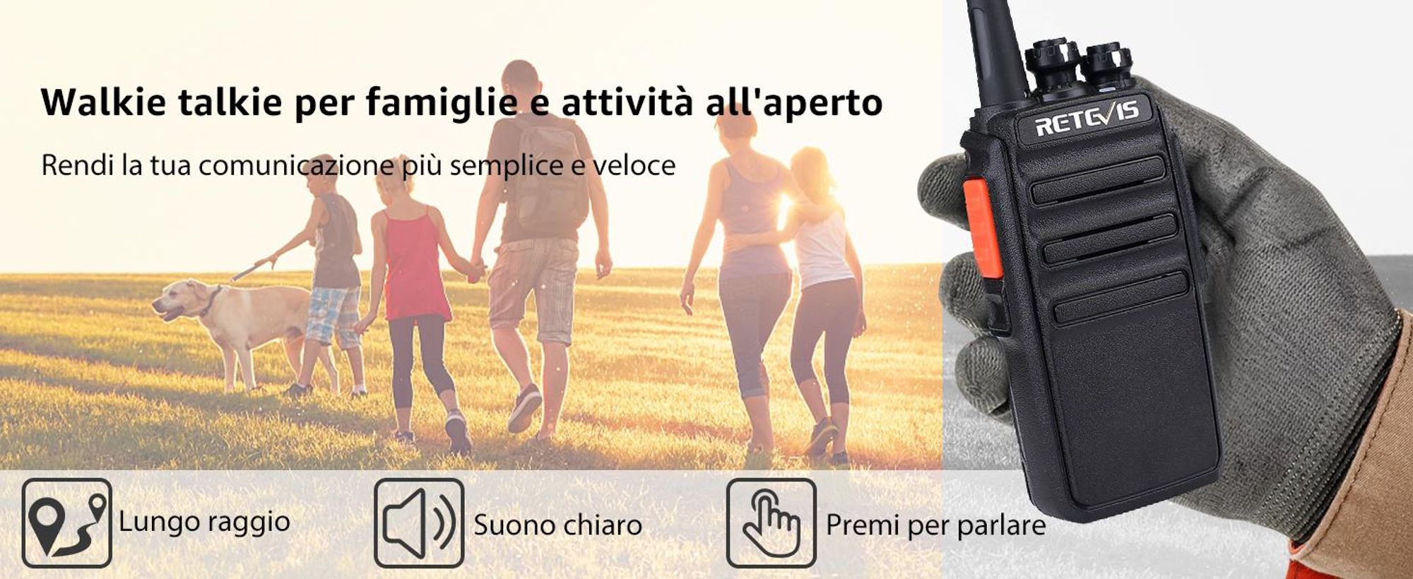 Retevis RT24 Walkie Talkie PMR446, Ricetrasmittenti Professionali a lungo raggio, con auricolare e caricabatterie USB, per campeggio in famiglia