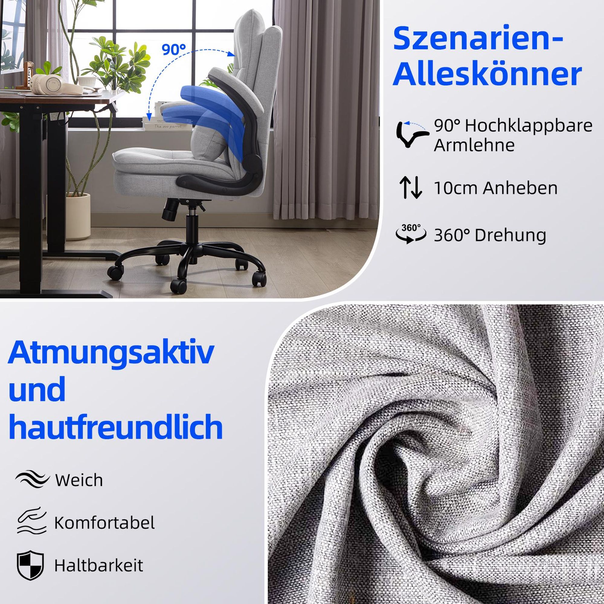Hellgrauer Bürostuhl mit klappbaren Armlehnen, atmungsaktiver Stoffbezug