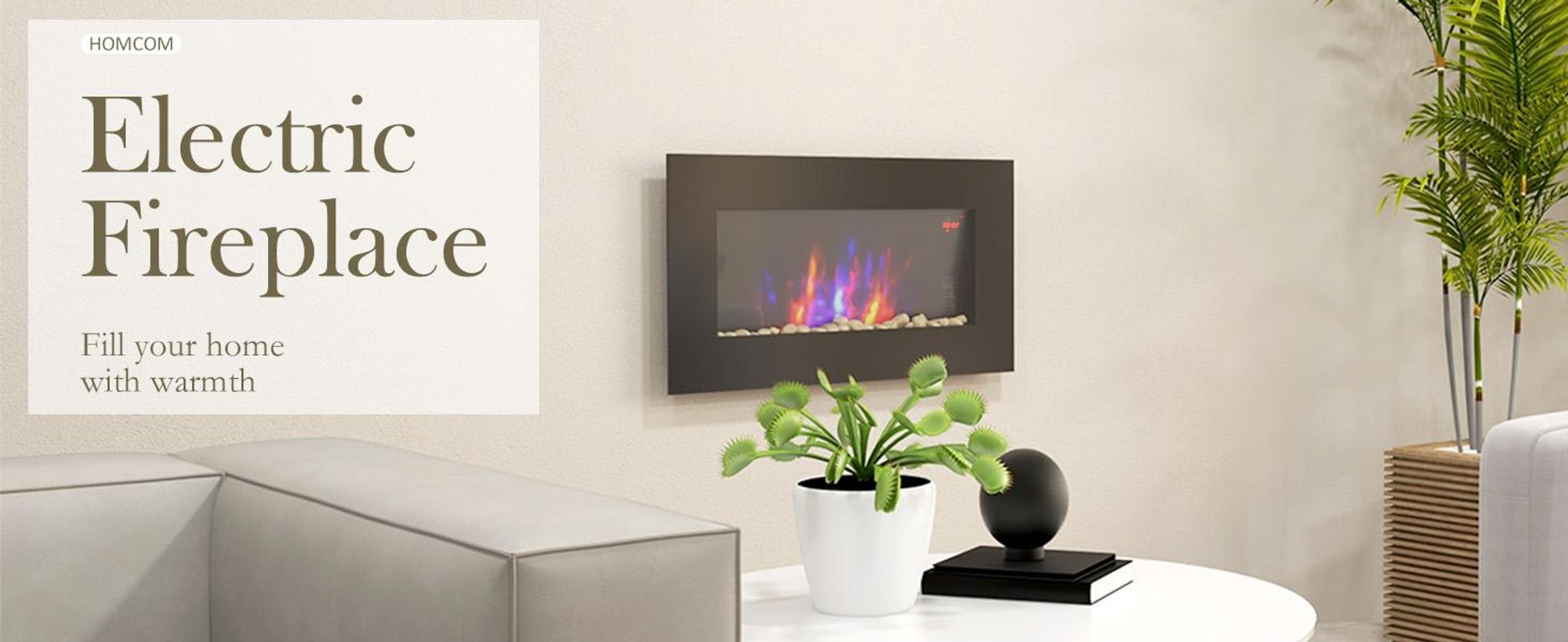 Kominek elektryczny HOMCOM z efektem płomienia LED, kominek ścienny 1000/2000 W, montaż na ścianie