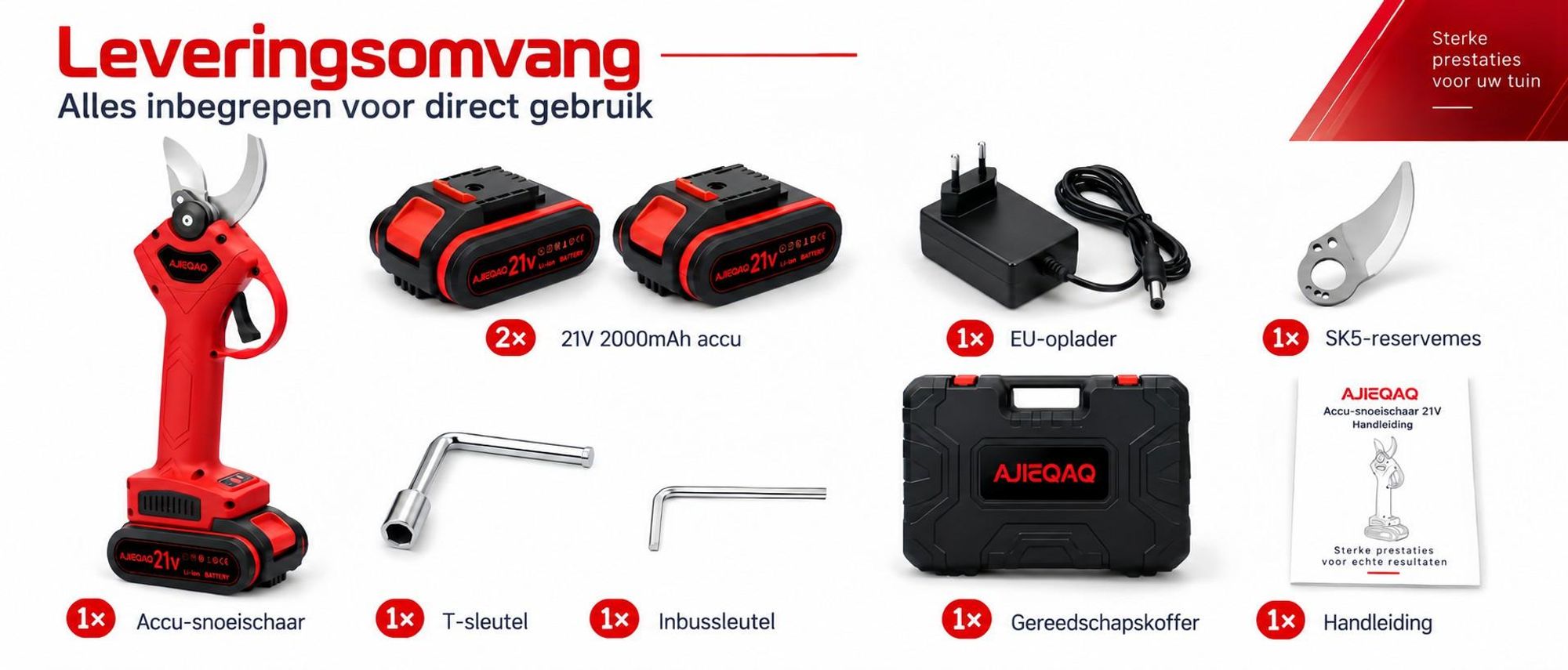Accu snoeischaar 21V Brushless, 2×2,0Ah accu’s, 25 mm snoeicapaciteit, SK5-mes, elektrische takkenschaar met koffer