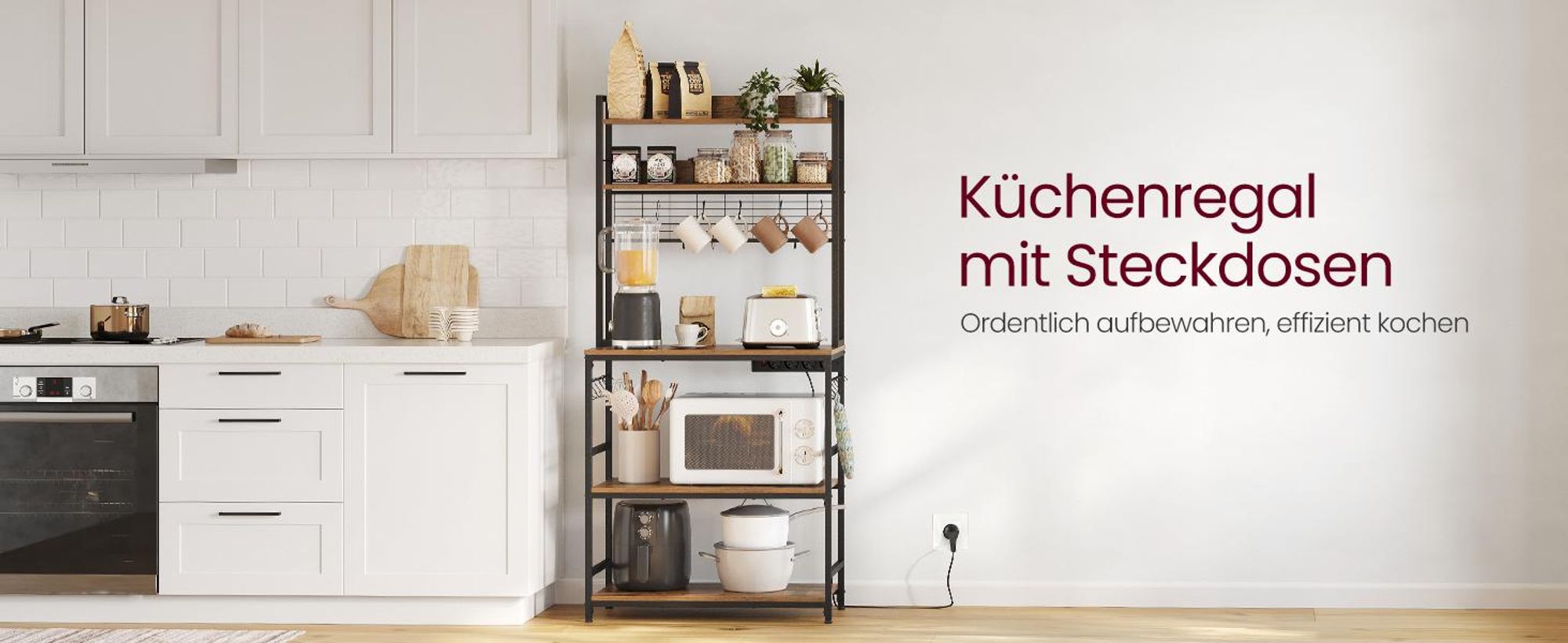 VASAGLE Küchenregal, Standregal mit Steckdosen, Gitterplatte, 14 Haken, 40 x 80 x 170 cm
