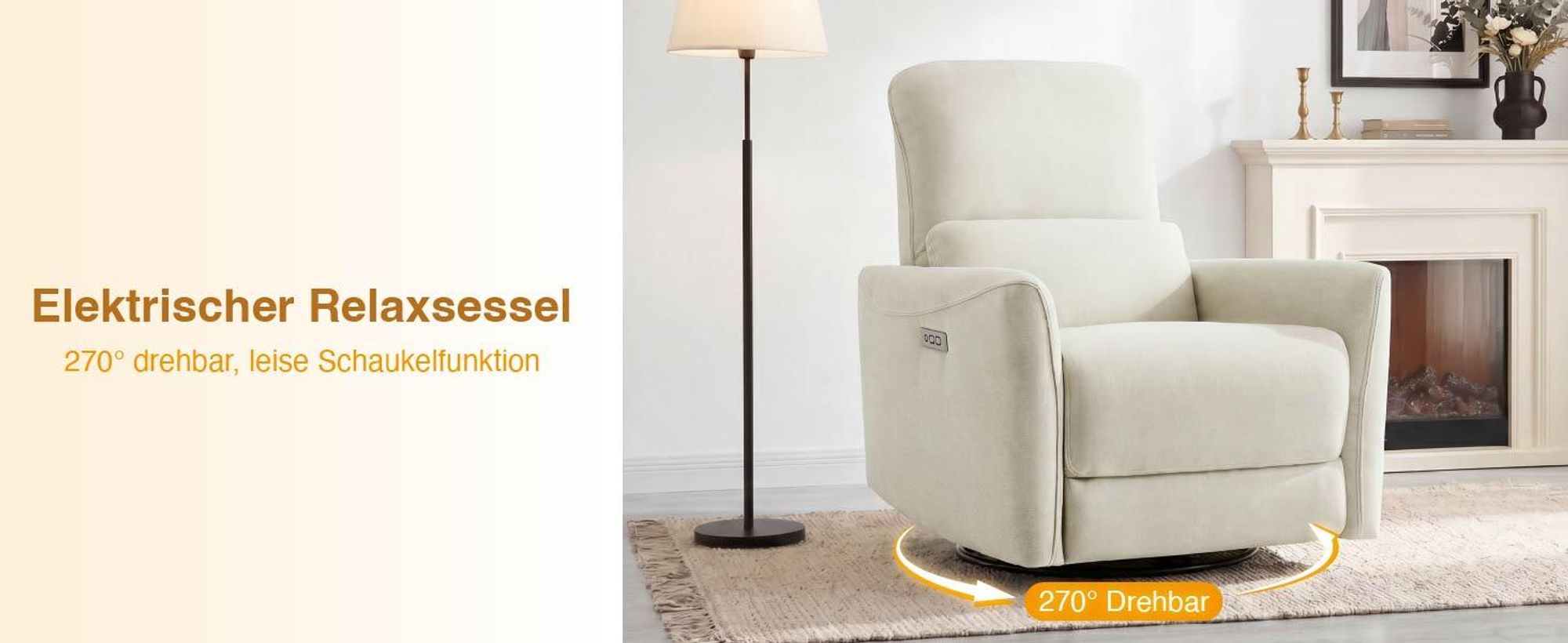CHITA Elektrischer Relaxsessel, 270° drehbar, Fernsehsessel mit 90°-135° Liegefunktion, Schauckelfunktion, elektrisch verstellbar, OKEO-TEX, USB-Anschluss
