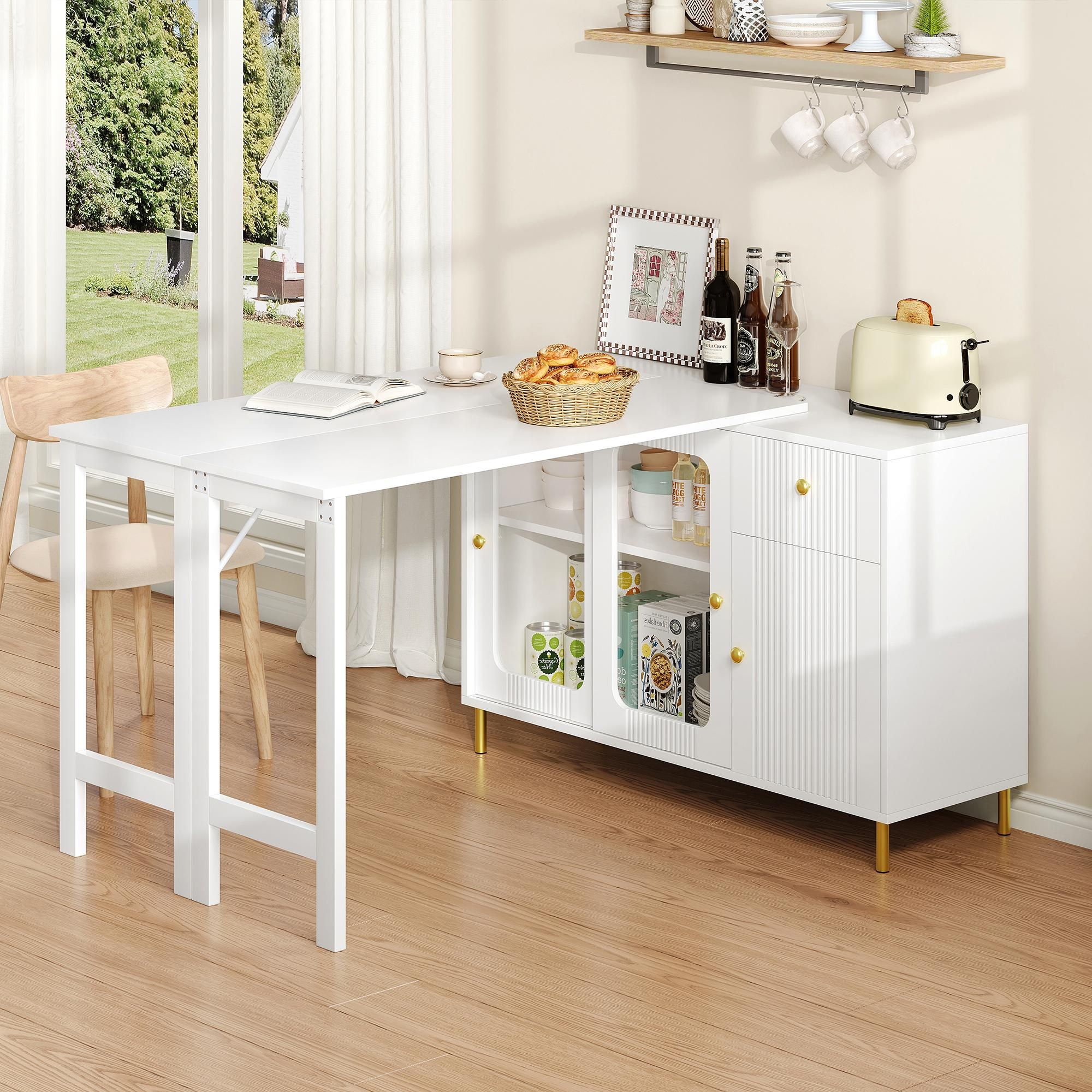 MERAX Sideboard mit ausziehbarer Tischplatte 360° drehbar Kommode mit Glasschiebetüren und Metallbeinen, Küchenschrank