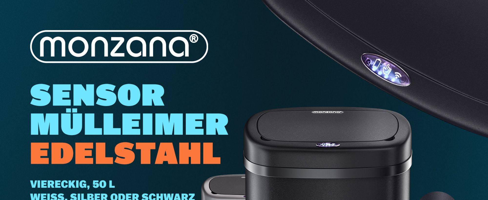 MONZANA® Mülleimer mit Sensor Küche 50L Edelstahl Automatik Deckel Klemmring inkl. USB-Kabel Abfalleimer Groß Papierkorb LED Anzeige, Farbe:schwarz