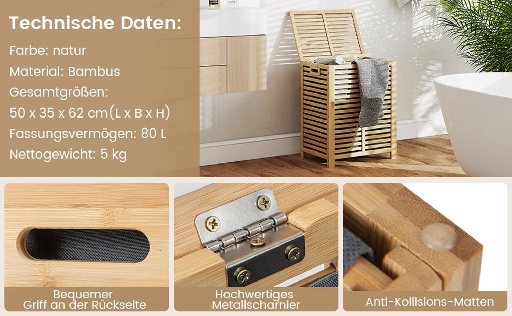 COSTWAY Wäschekorb mit Deckel Groß, 80L Wäschesammler Bambus, Wäschebox mit Wäschesack herausnehmbar & waschbar, Wäschetruhe wäscheschrank für Bad, Schlafzimmer, Wohnzimmer