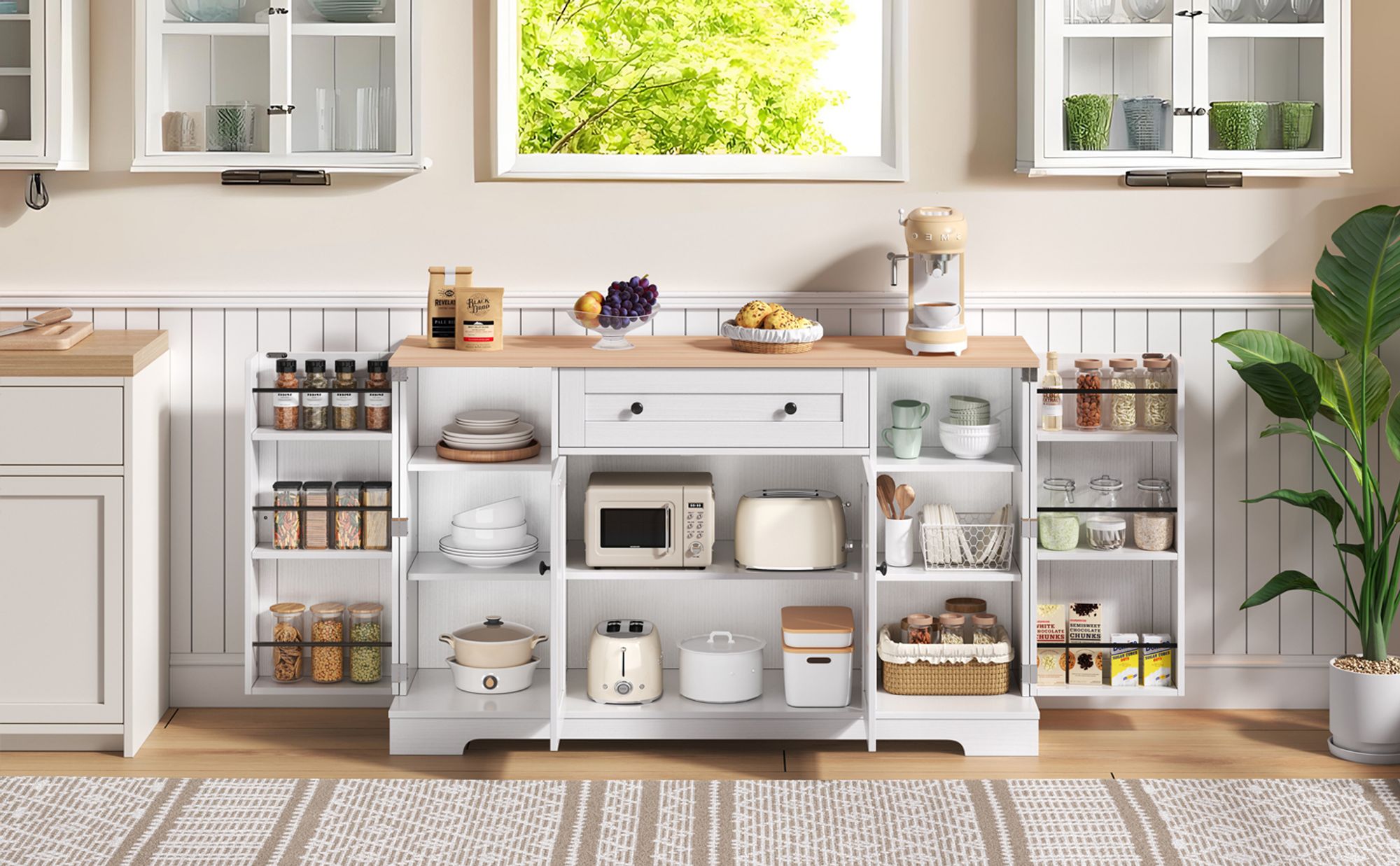 Flieks Sideboard Küchenschrank, Anrichte Küchenbuffet mit verstellbare Ablagen, Aufbewahrungsschrank für Küche, Wohnzimmer, Esszimmer, Weiß, Natural
