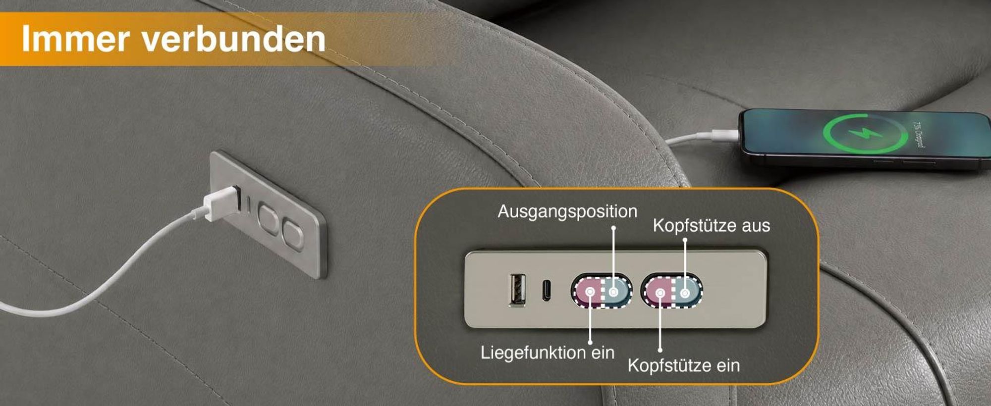 CHITA Elektrischer Relaxsessel, Echtleder, 270° drehbar, Fernsehsessel mit Liegefunktion, elektrisch verstellbar, USB-Anschluss