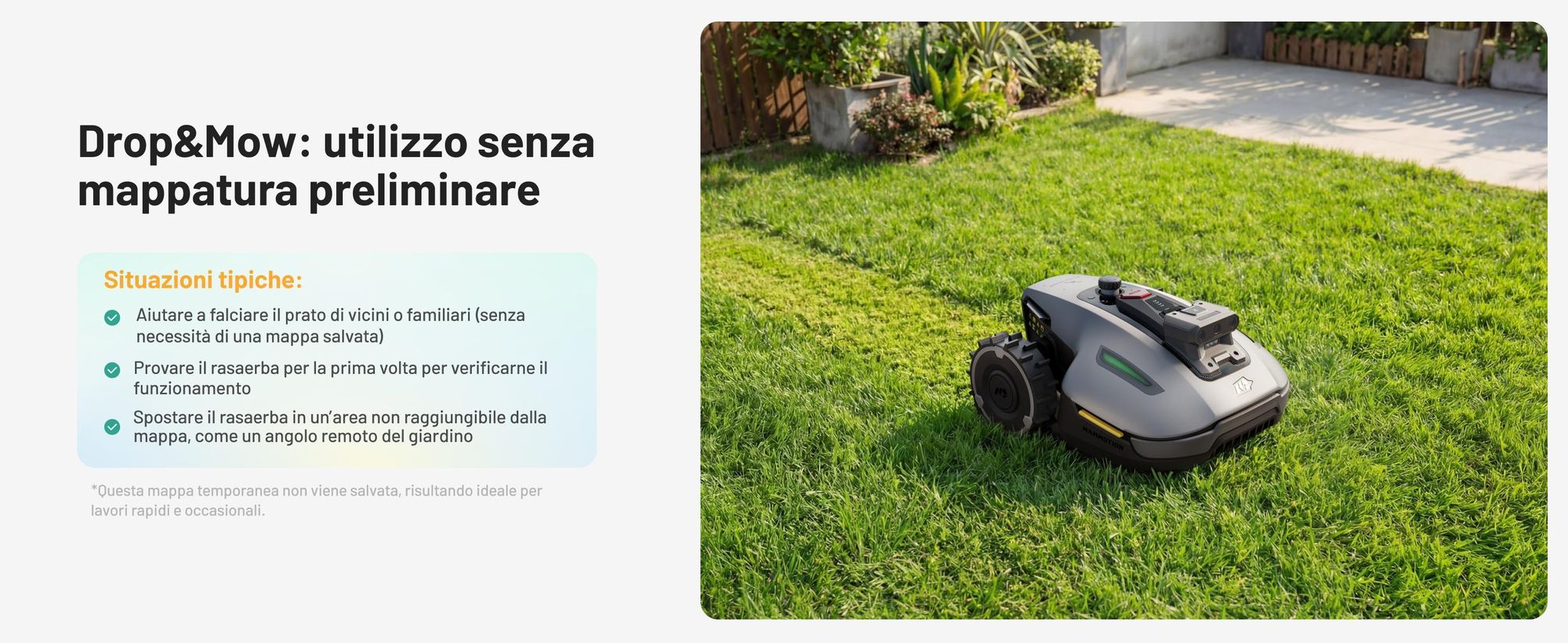 Robot tosaerba Mammotion YUKA Mini 2 800 con garage, senza filo, fino a 800 m², DropMow, mappatura auto, taglio bordi, 4G-Modul, APP