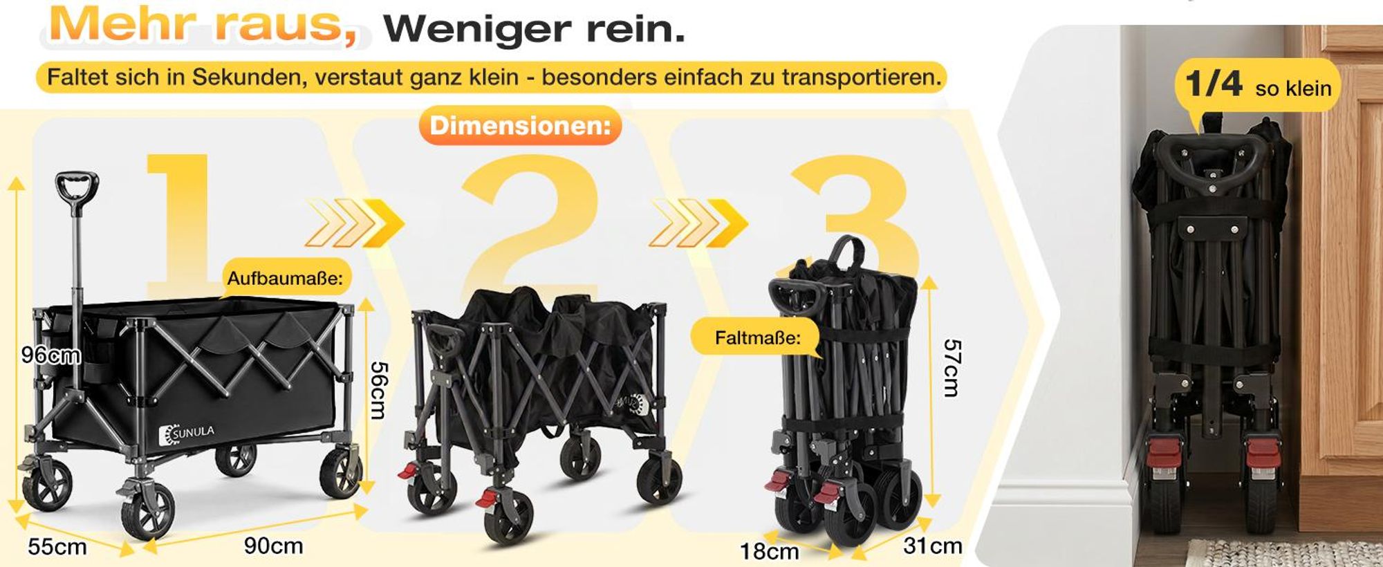 SUNULA Bollerwagen Faltbar Tragkraft 120 KG Handwagen mit EIN-klick-Handgriff, Schwarz