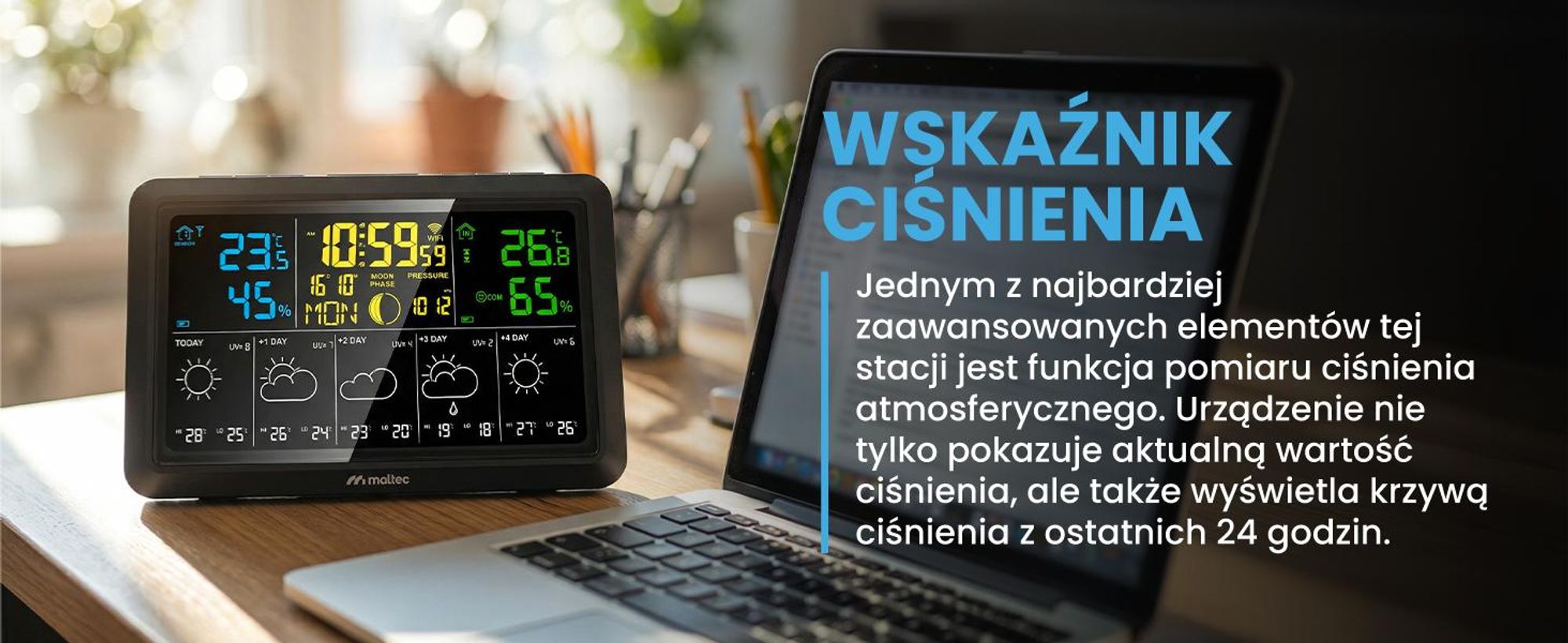 Stacja pogodowa MalTec z czujnikiem zewnętrznym Termometr Barometr z aplikacją