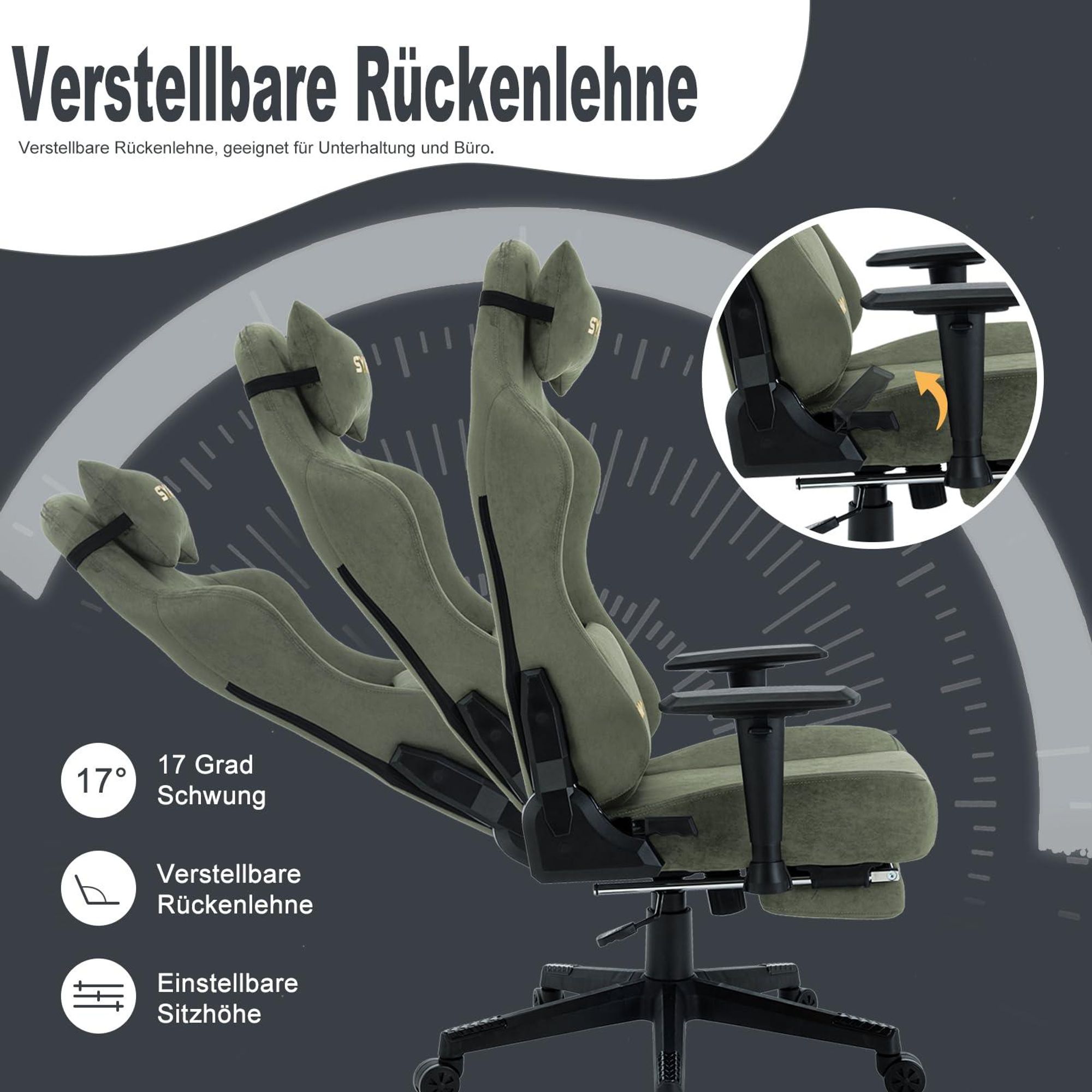 Grüner Gaming-Stuhl mit verstellbarer Rückenlehne und Sitzhöhe