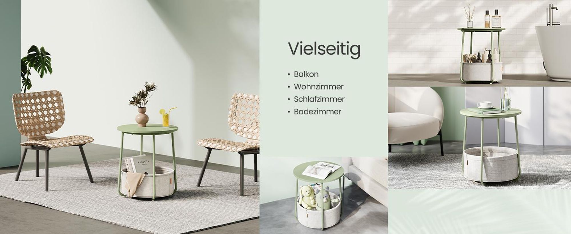 VASAGLE Beistelltisch, rund, mit Korb, Ø45 cm, Lorbeergrün-Cremeweiß