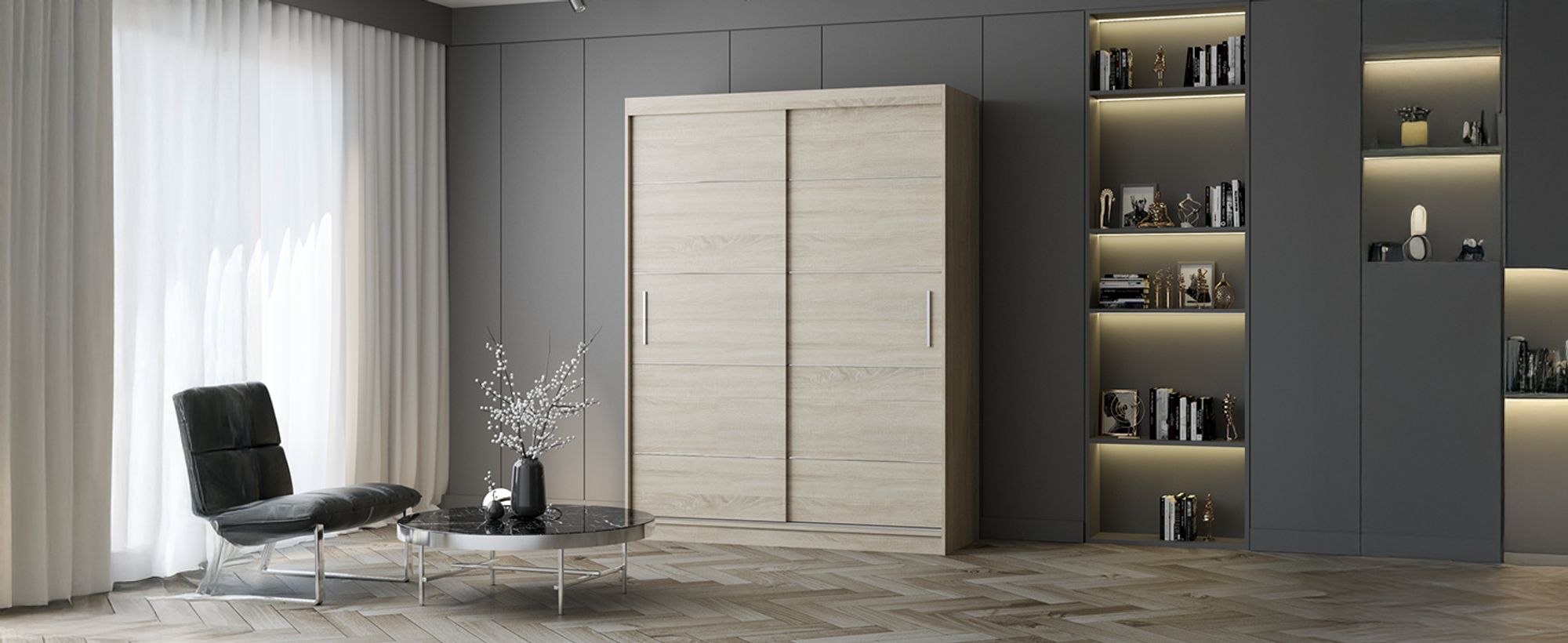 Schwebetürenschrank Kleiderschrank Schrank 150 cm Sonoma/Sonoma mit Zierleisten Vista 06