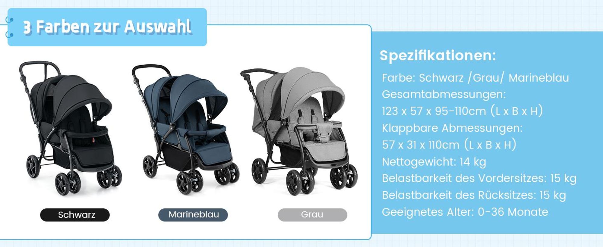 COSTWAY Kombikinderwagen bis 30 kg, Geschwisterwagen klappbar, Kinderwagen mit Rückenlehne & Verdeck, Zwillingsbuggy für Baby ab 6 Monate, Grau