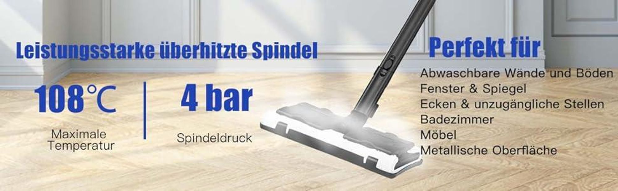 COSTWAY Dampfreiniger 2000W, 4 Bar, 1,5L Tank, bis 108℃, Dampfzeit bis 45 Min. & LED Warnlicht, Bodendampfreiniger mit 18 Zubehörteilen Blau