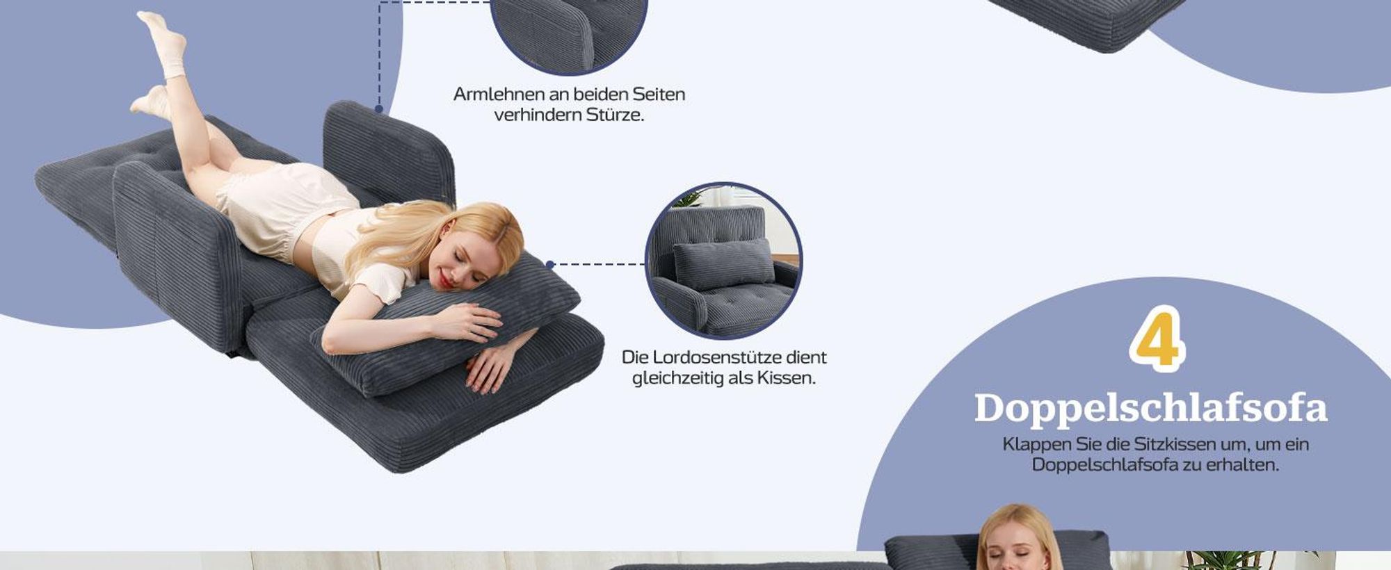 Bodenhohes Sofa,- mit Schlaffunktion, erhältlich in verschiedenen Farben, moderner Cordstoff, Dunkelgrau