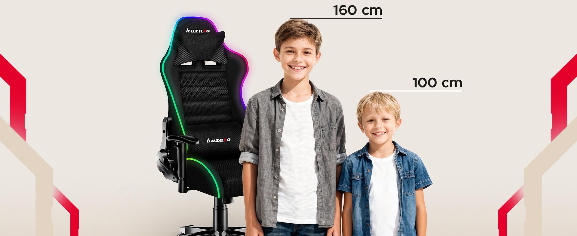 Huzaro Kinder Schreibtischstuhl Ranger 6.0 Gaming Stuhl Racing Sessel Bürostuhl Drehstuhl Gamer bis 130 kg RGB Led Schwarz