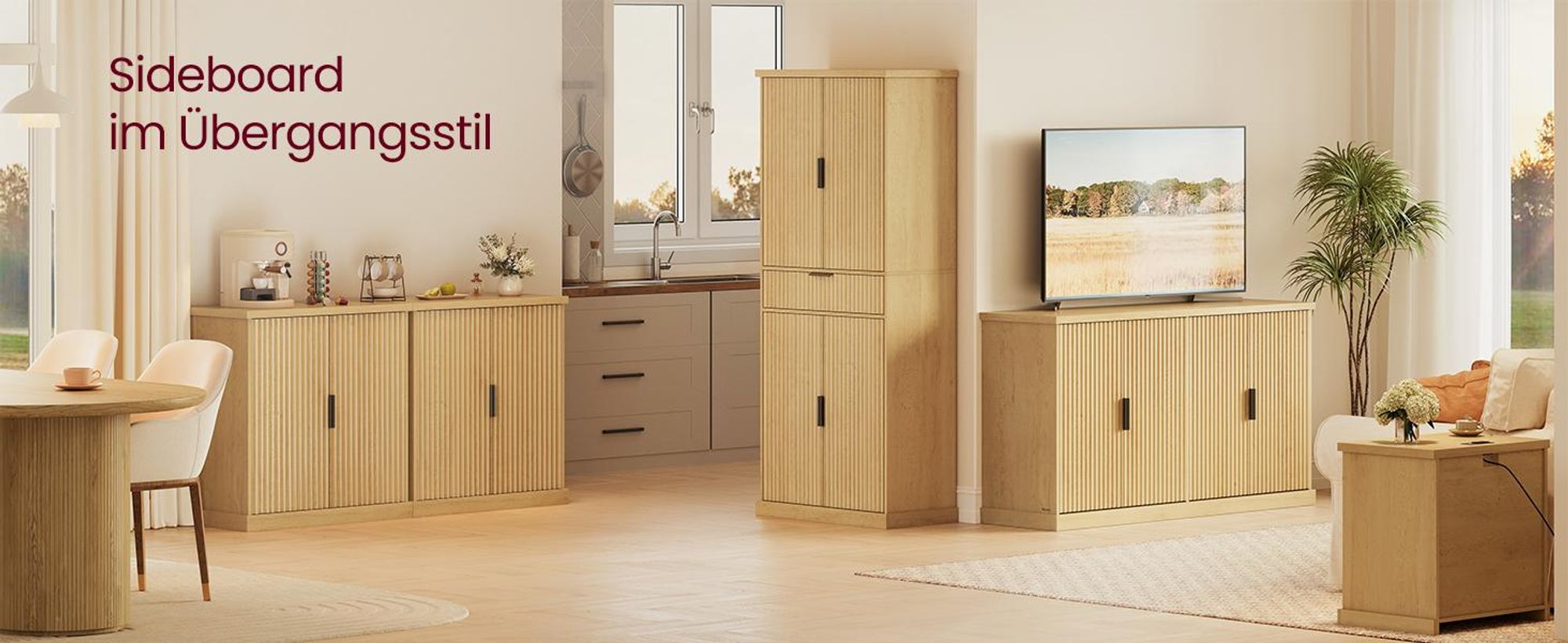 VASAGLE MAXE Kollektion - Sideboard, Küchenschrank, Aufbewahrungsschrank mit Verstellbarer Ablage, geriffelte Türen, Übergangsstil, Küche, Esszimmer