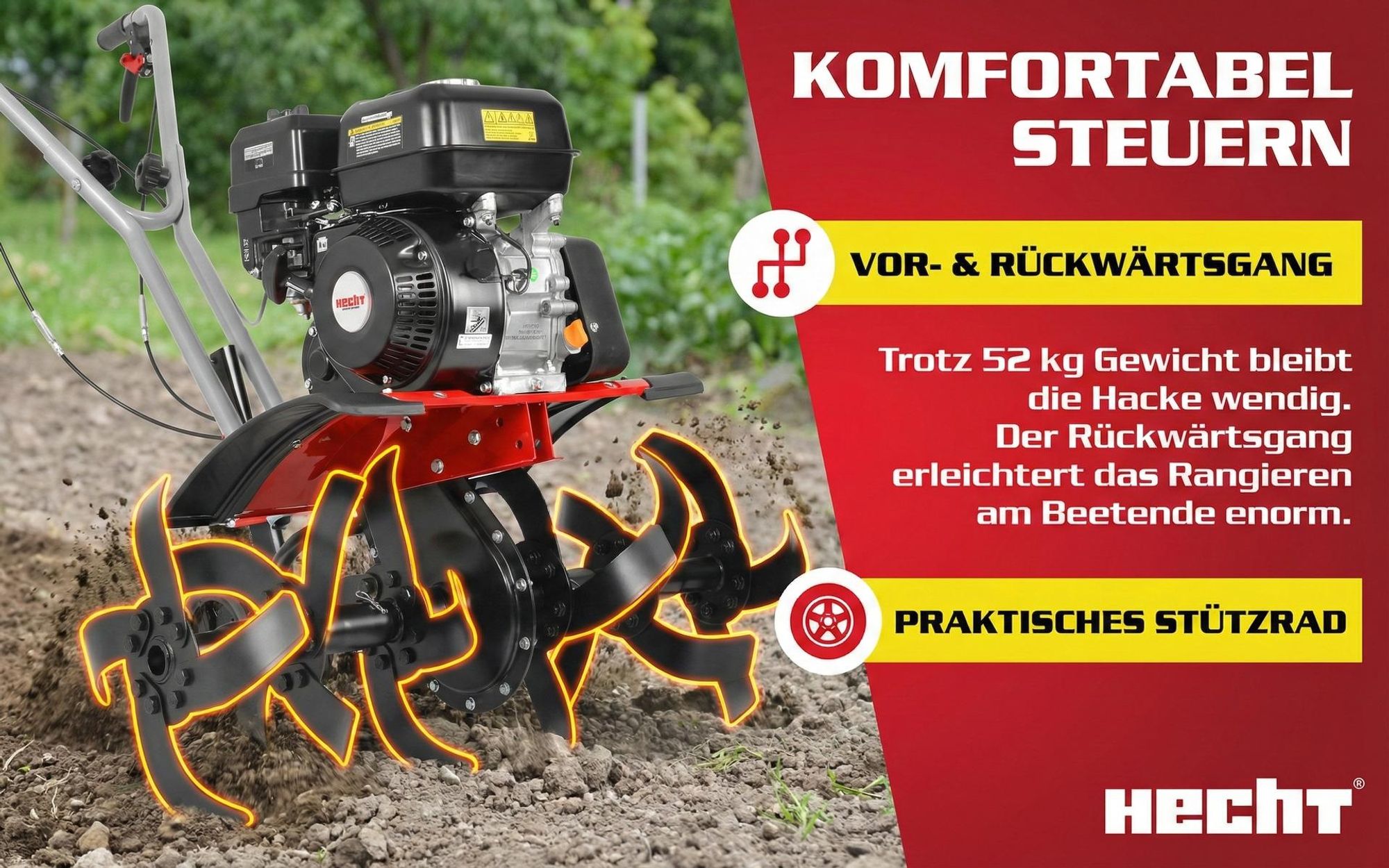 HECHT 785 Motorhacke Benzin | 32-84 cm Arbeitsbreite | 32 cm Arbeitstiefe | 6,5 PS | 4,5 kW | 196 cm³