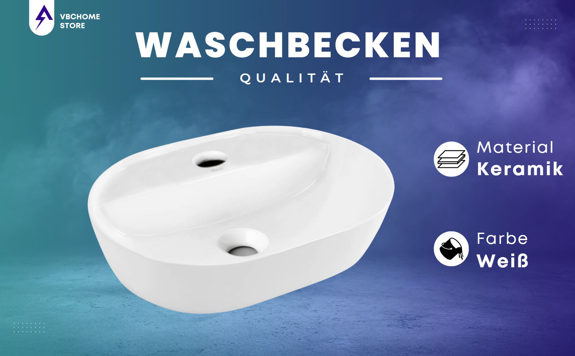 VBChome Badmöbel 50 cm Weiß Aufsatzwaschbecken mit Hahnloch 42x30 cm Aufsatzwaschtisch mit Waschbeckenunterschrank 2 Schubladen Badezimmerschrank