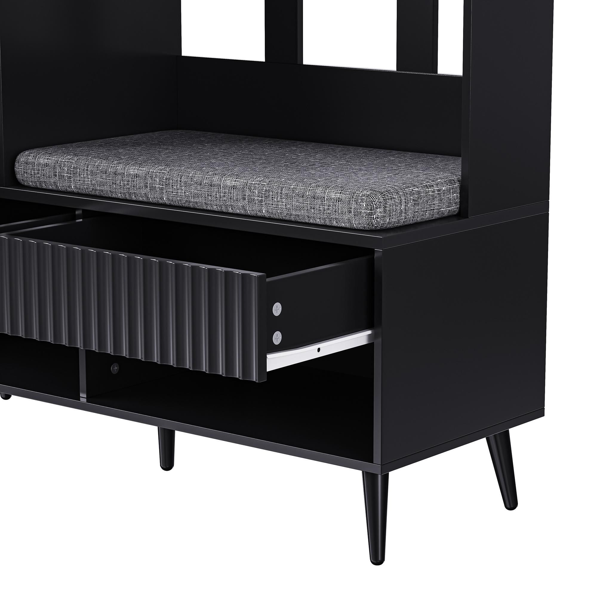Merax Garderobenständer mit Schuhbank, Garderoben-Set mit 4 Dreifach-Haken, Flurgarderobe mit Schubladen und Schrank, Eingangsbereich, Schwarz