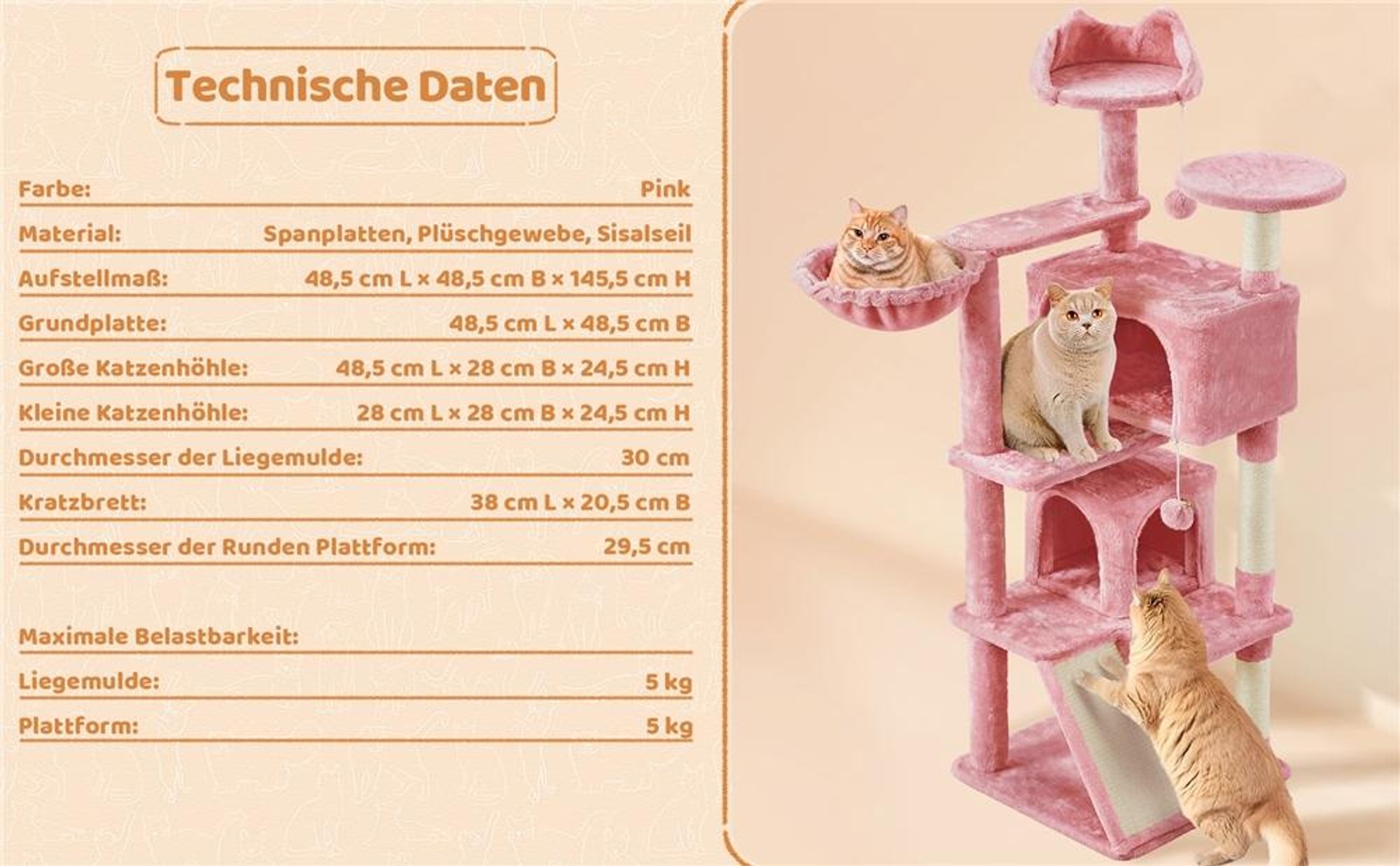 Yaheetech Kratzbaum 146 cm Katzenbaum mit 2 Katzenhöhlen & 3 Aussichtsplattformen, Rosa