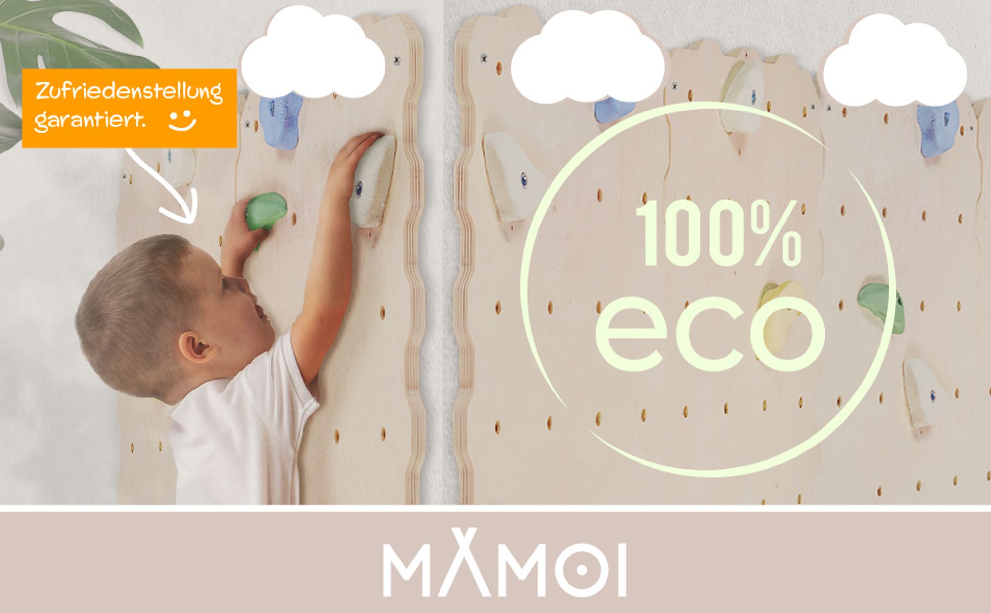 MAMOI® Indoor-Kletterwand mit Griffen, 4 Module, moderne Kletterwand für das Zimmer, weiße Holzwerkstoffplatte, Kletterset zur Montage, 100% ECO