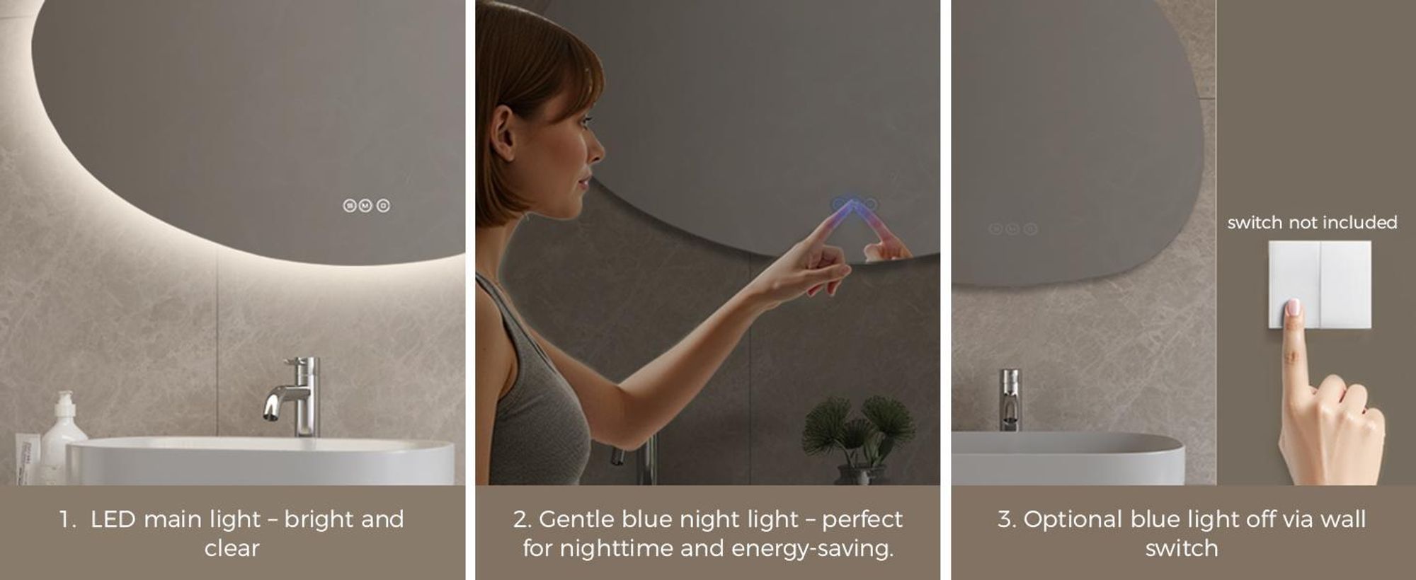 S'AFIELINA 85×50 cm Lustro asymetryczne LED - Lustro łazienkowe z oświetleniem, funkcją ściemniania, do montażu poziomego/pionowego, przeciwmgielne, do łazienki i przedpokoju