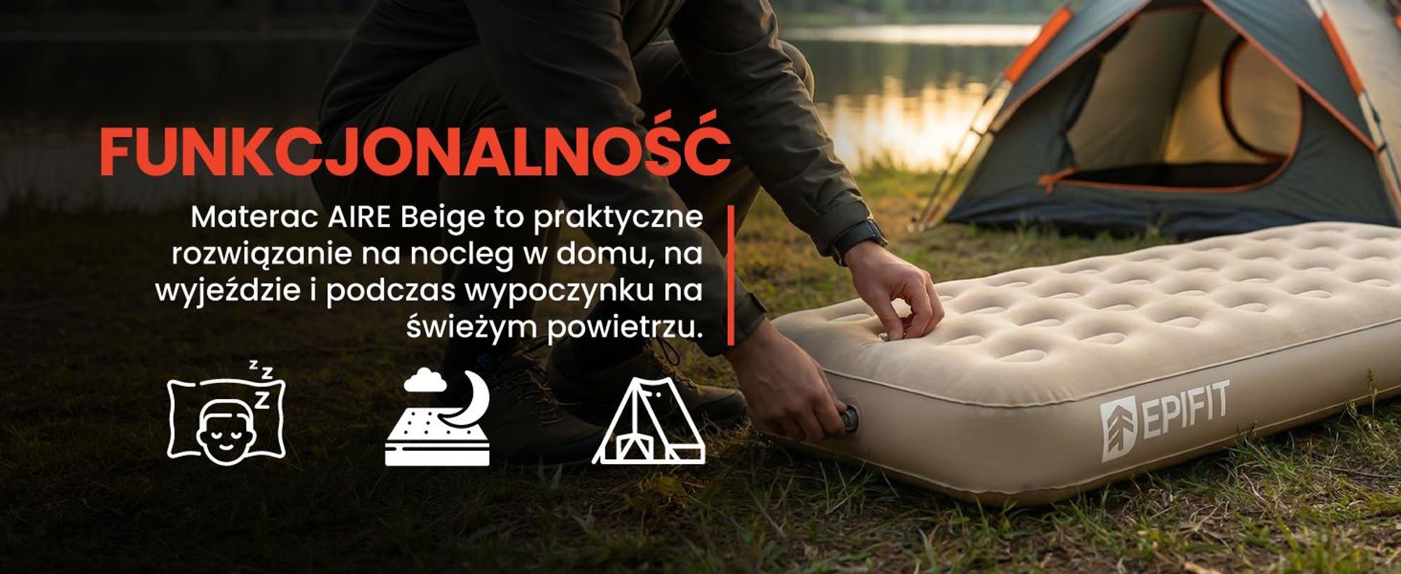 Materac dmuchany z wbudowaną pompką w kolorze beżowym