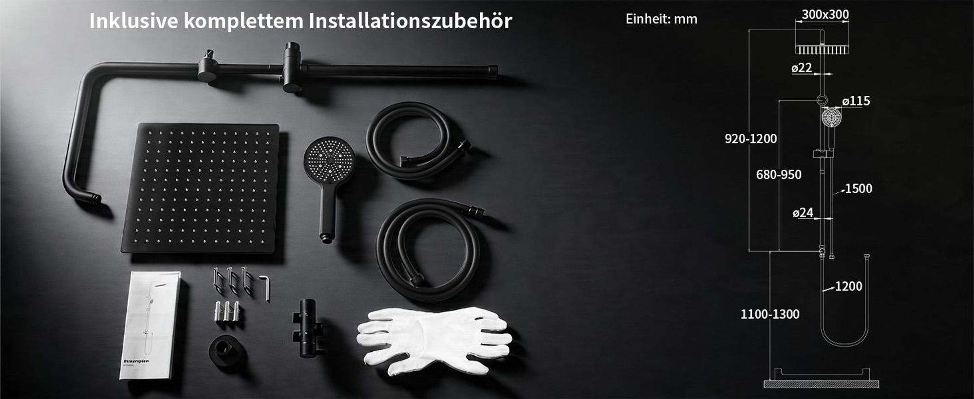 Homelody Duschsystem mit Badewannenarmatur Schwarz Regendusche 30 cm Regendusche Quadratische, 5 Funktionen Handbrause