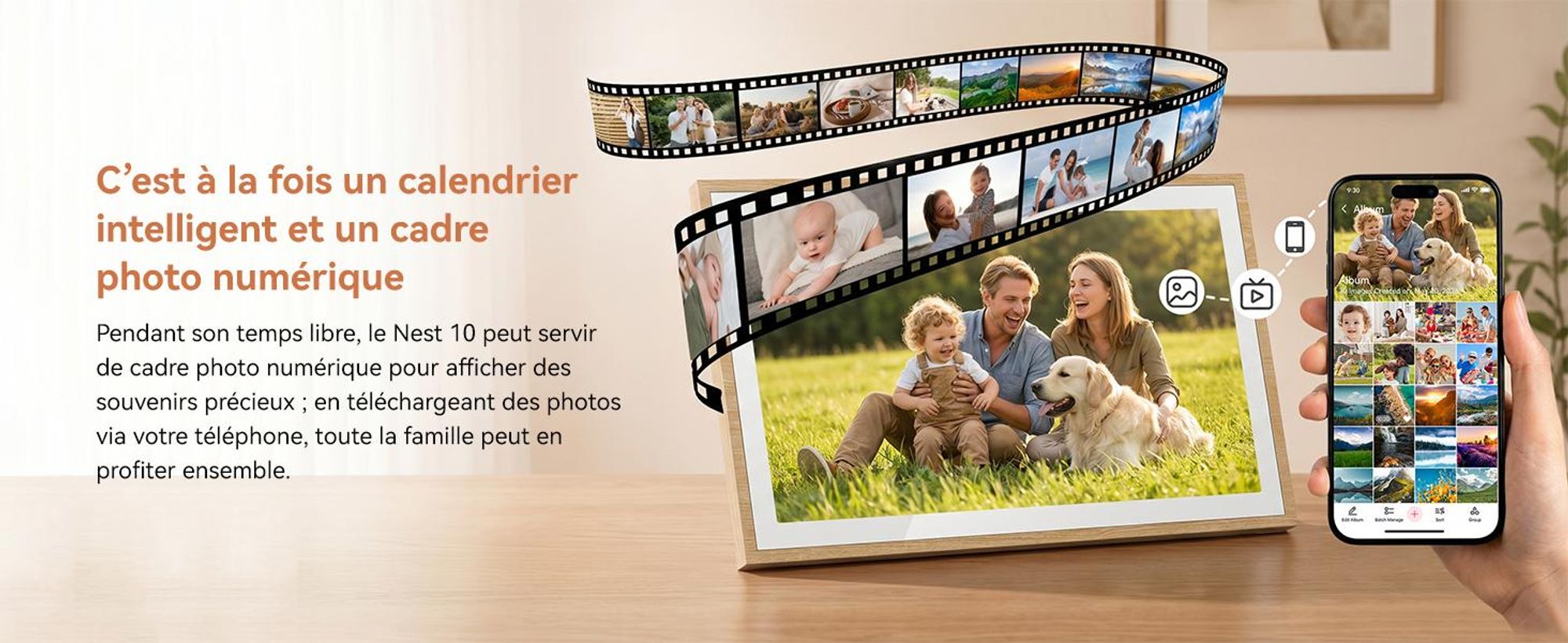 2026 NOUVEAU ! Blackview NEST 10, calendrier numérique et cadre photo de 10,1 pouces avec écran tactile, Wi-Fi, résolution 1280x800, format 16:10, partage de photos, contrôle parental, design en bois
