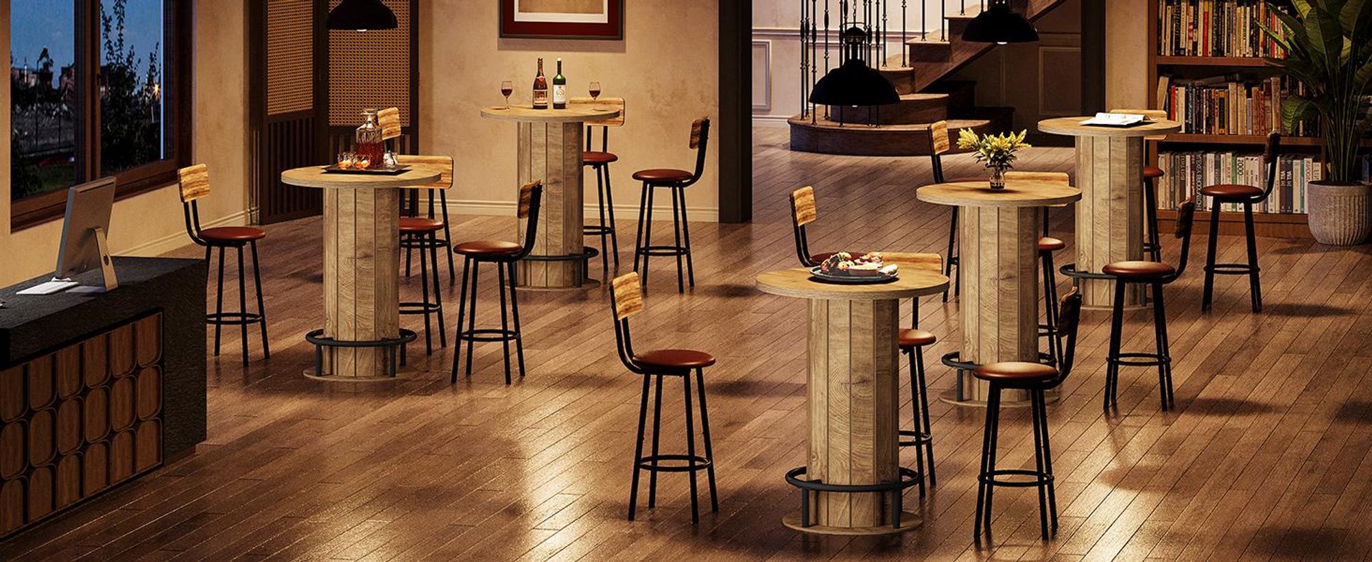 Tribesigns Runder Bartisch, 100 cm hoch, Holz, Bistrotisch mit Metallring-Fußstütze für Esszimmer, Kaffee, Cocktail, Wohnzimmer, Hellbraun