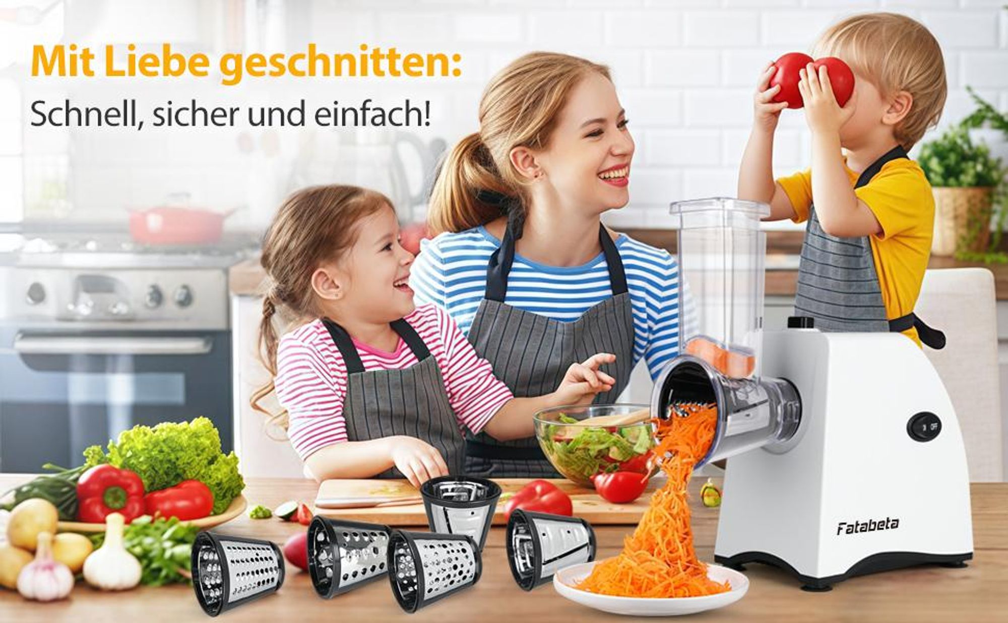 FATABETA 5-in-1 Elektrischer Gemüseschneider, 250 W, Multifunktionsreibe mit 5 Edelstahleinsätzen, BPA-frei, für Gemüse, Obst & Käse, Weiß