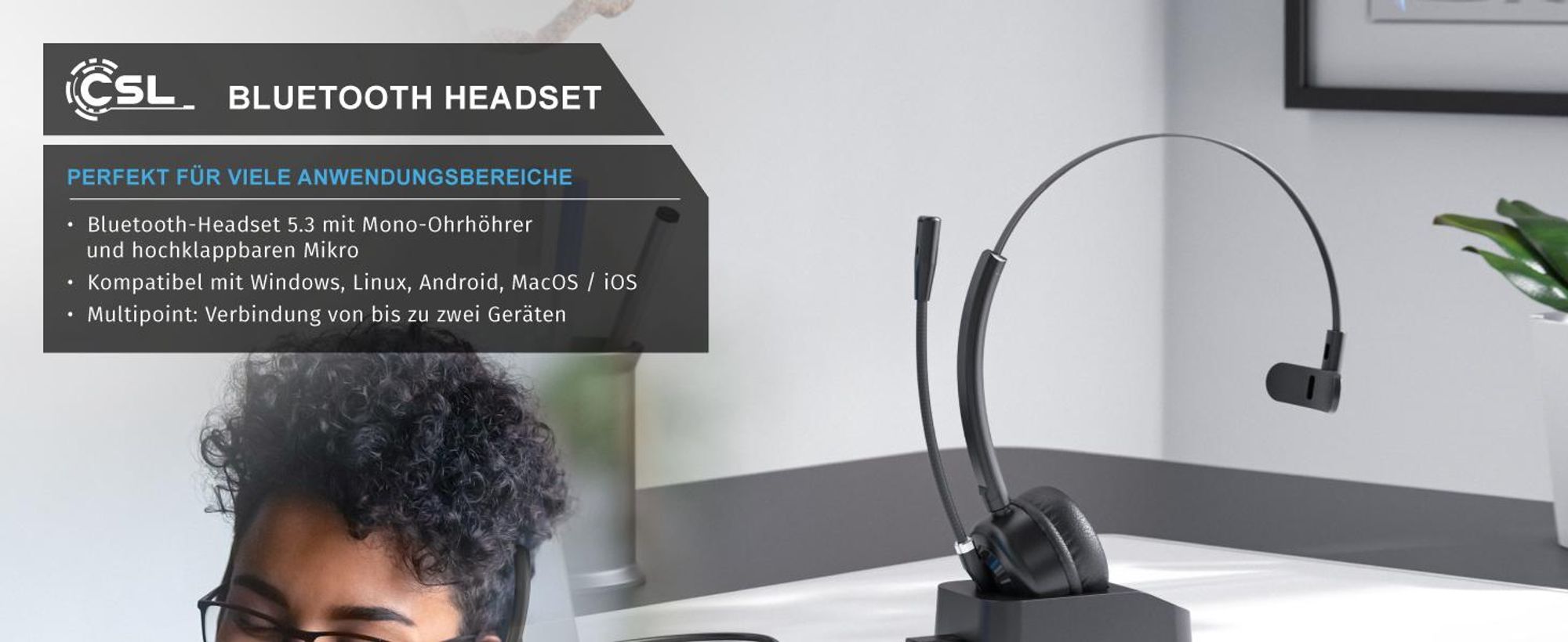 CSL Bluetooth Headset 5.3 mit Ladestation, Bluetooth 5.3, Kompatibilität und Multipoint