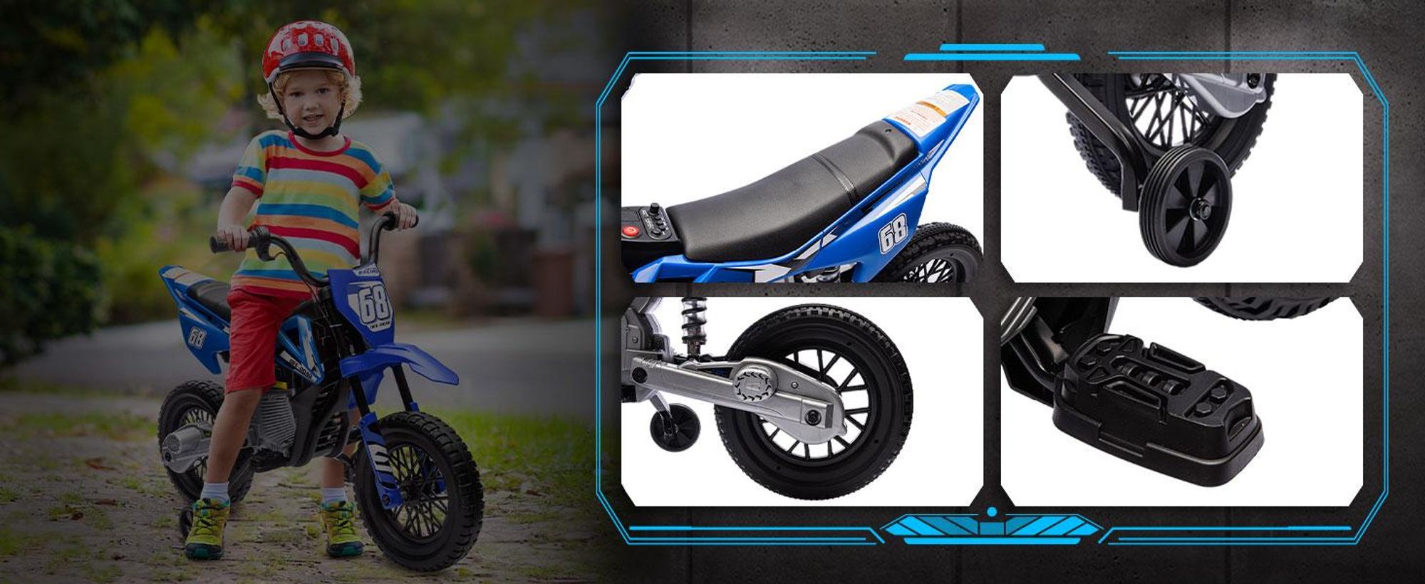 AIYAPLAY Elektryczny motocykl dziecięcy Elektryczny motocykl z muzyką, dla dzieci 2,4-5 km/h Elektryczny motocykl z 2 kółkami bocznymi dla dzieci w wieku 3-6 lat, niebieski