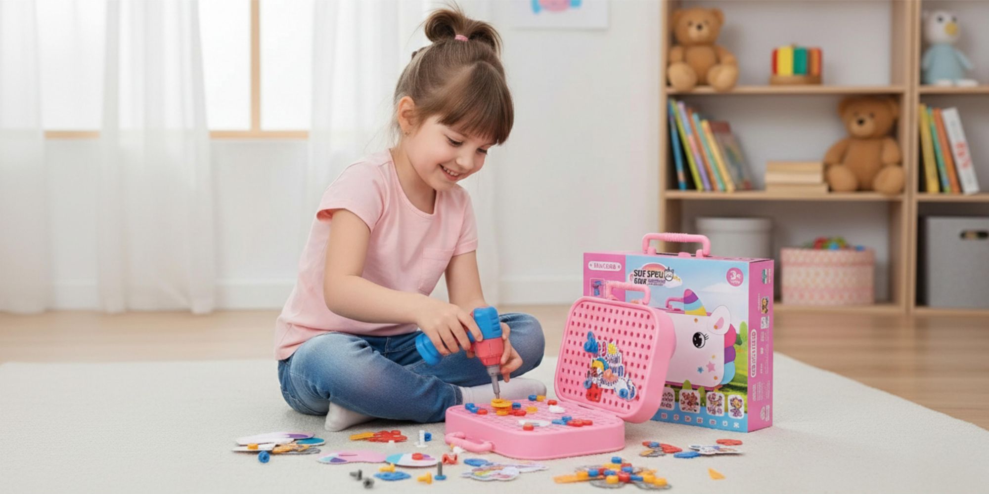 Einhorn Konstruktionsspielzeug 228 Teile, Montessori Werkzeugkasten mit Elektroschrauber, 3D Mosaik Steckspiel ab 3 Jahren, EVI TOYS Unicorn