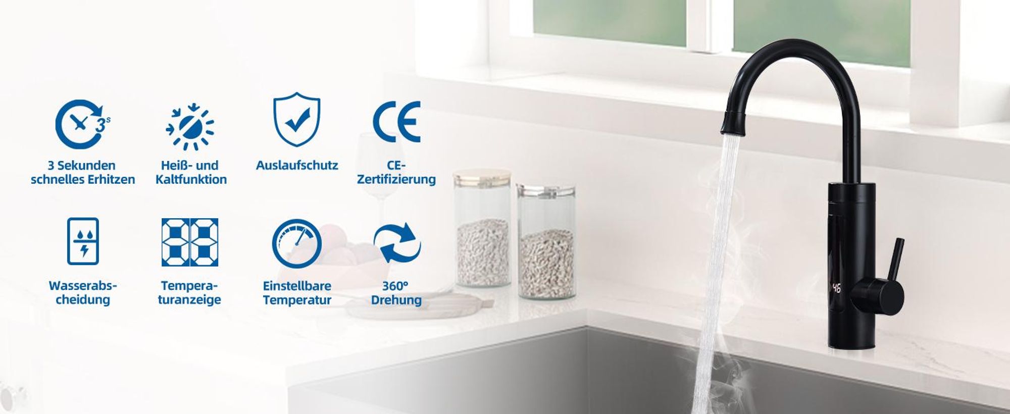 Homelody Elektrische Küchenarmatur mit Durchlauferhitzer, Smart Heater Wasserhahn 360° drehbar, Schwarz Wasserhahn Küche mit LED Temperaturanzeige