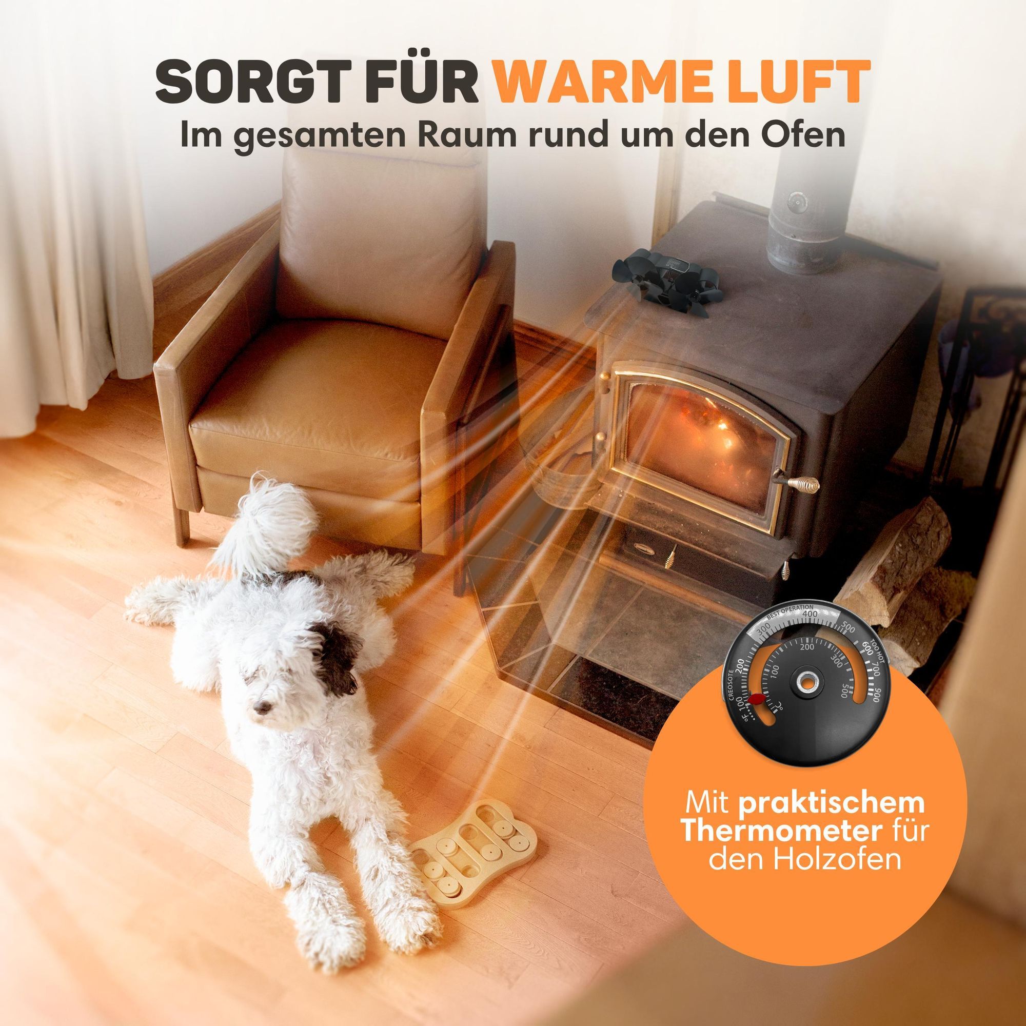 Vulpes Goods Heizungsventilator | Ventilator für Holzofen In freistehendem Design | Kaminventilator - schnelleres Aufheizen des Raumes / Blätter