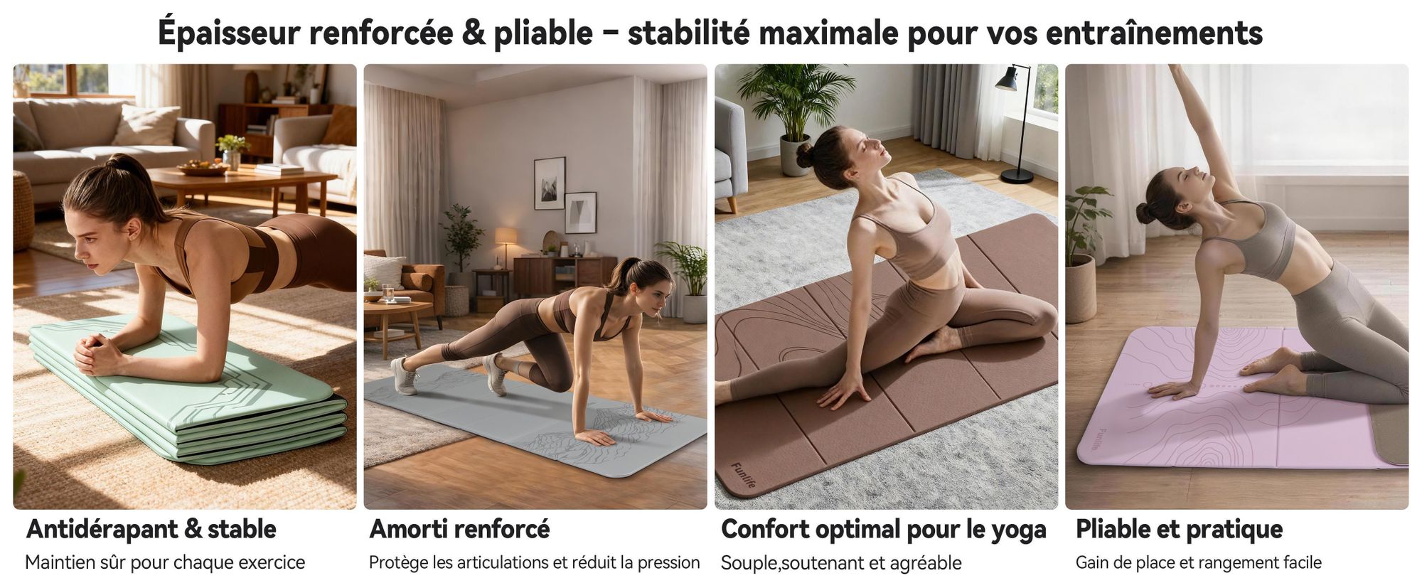 FunLife, tapis de yoga pliable XXL, 190 x 66 cm – épaisseur de 10 mm, tapis de fitness et de gymnastique antidérapant pour le yoga, le Pilates, les exercices à domicile et les activités en extérieur