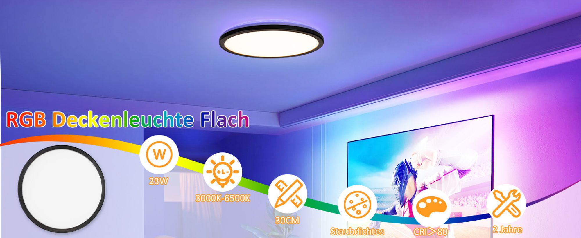 ZMH Deckenlampe LED Deckenleuchte Flach Schlafzimmerlampe 30CM Badezimmerlampe 23W Küchenlampe  Schlafzimmer Schwarz Deckenbeleuchtung Flurlampe Decke Badlampe 3000K-6500K für Küche Flur