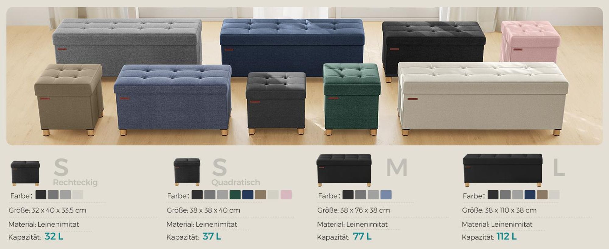 SONGMICS Sitzhocker, 77L, klappbare Sitztruhe, Aufbewahrungsbox, schwarz