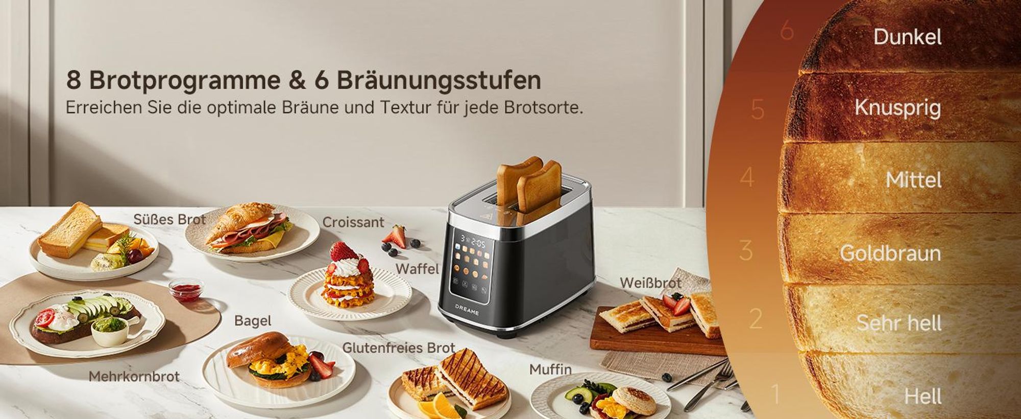 Dreame Smart Toaster 2 Scheiben,5,3-Zoll-IMD-Touchscreen,Motorisiertes Auto-Lift-Design,8 Brotprogramme&6 Bräunungsstufen,3 praktische Funktionen