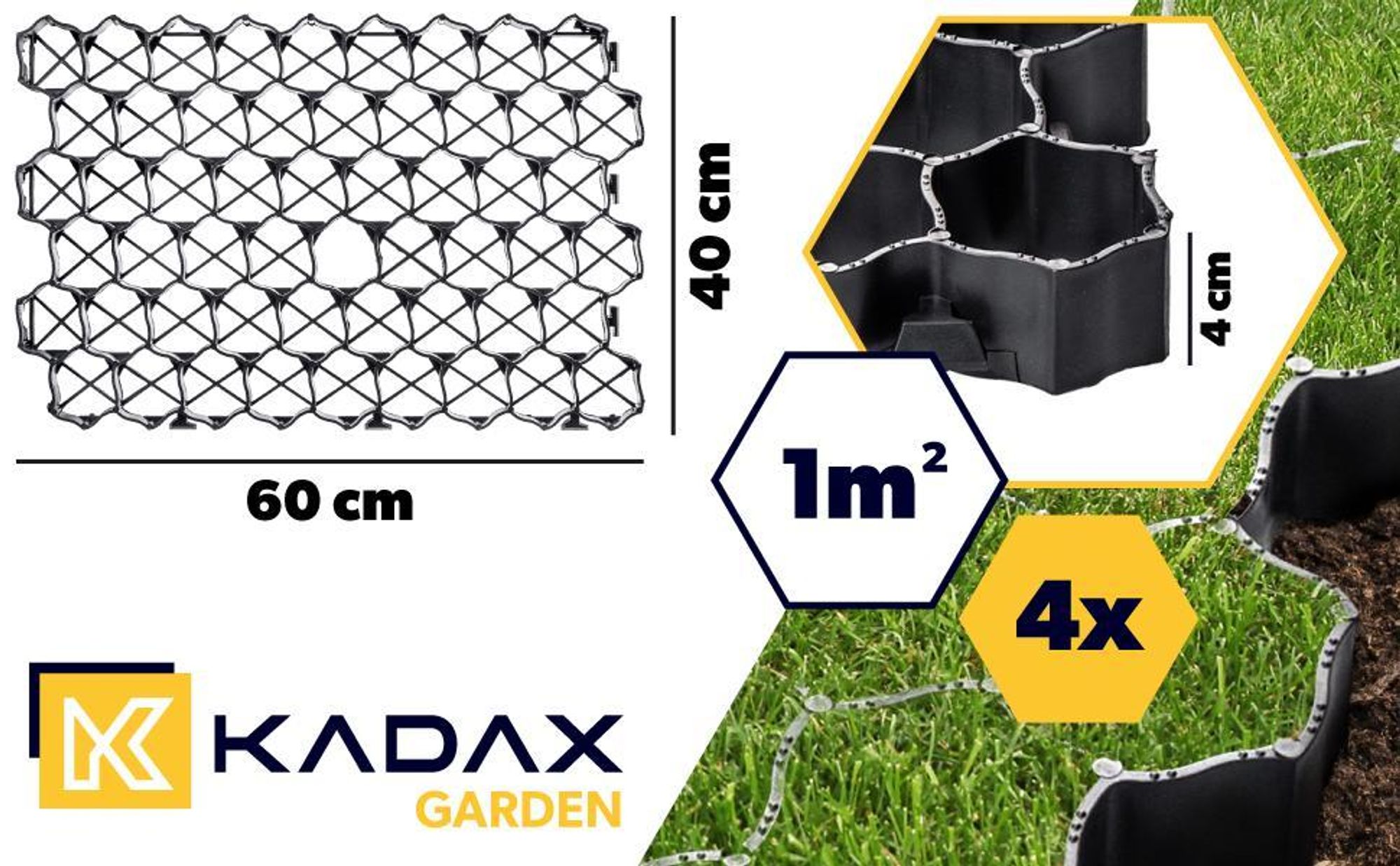 KADAX Rasengitter aus Kunststoff „Lund", Paddockplatte, Rasengitterplatten, Schwarz, 60x40cm, 20 Stück