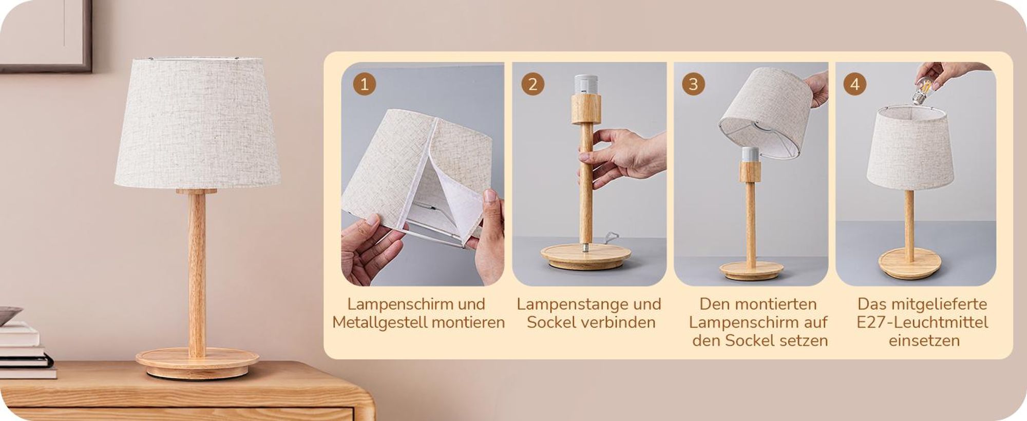 EDISHINE Nachttischlampe mit Massivholzsockel, Leinen-Lampenschirm, 2700K Warmweiß, LED Tischlampe mit E27 Fassung für Schlafzimmer, Wohnzimmer