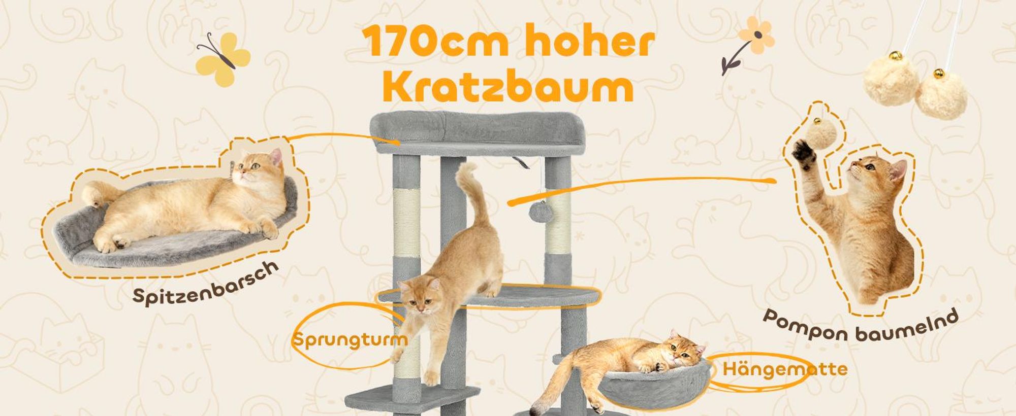 PawHut Kratzbaum 170cm Katzenturm mit Höhle, 2 Plüschballen, Sisalstämme